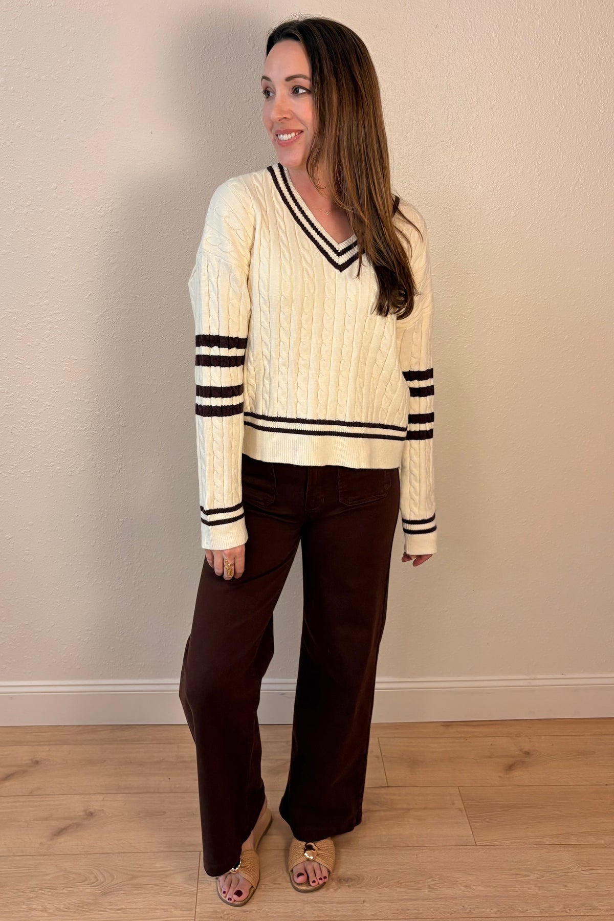 Paige Cable Knit Varsity V-Neck Sweater