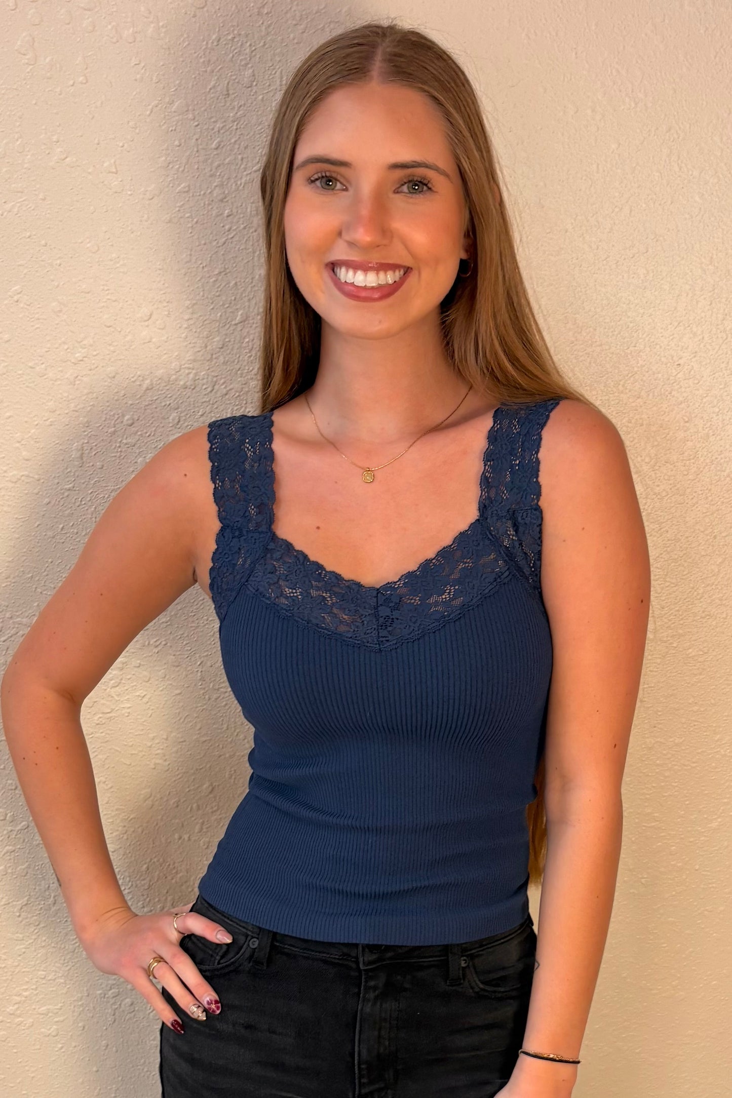 Eliza Navy Lace Trim Ribbed Tank Top