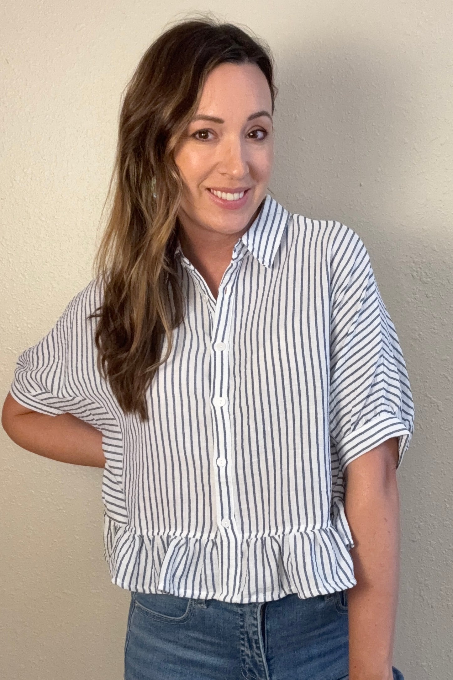 Peyton Stripe Button Front Ruffle Shirt