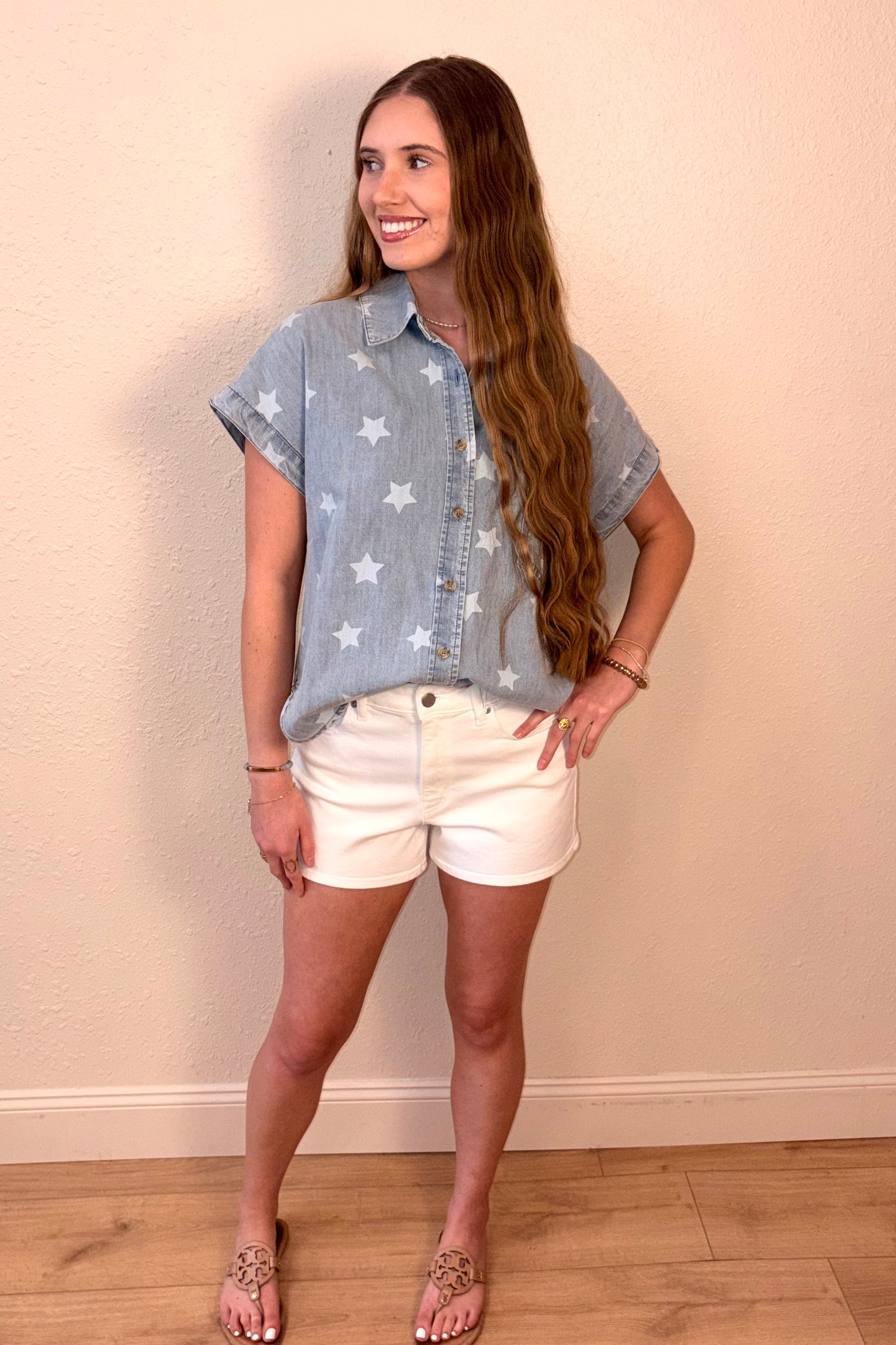 Lana Star Print Denim Short Sleeve Shirt