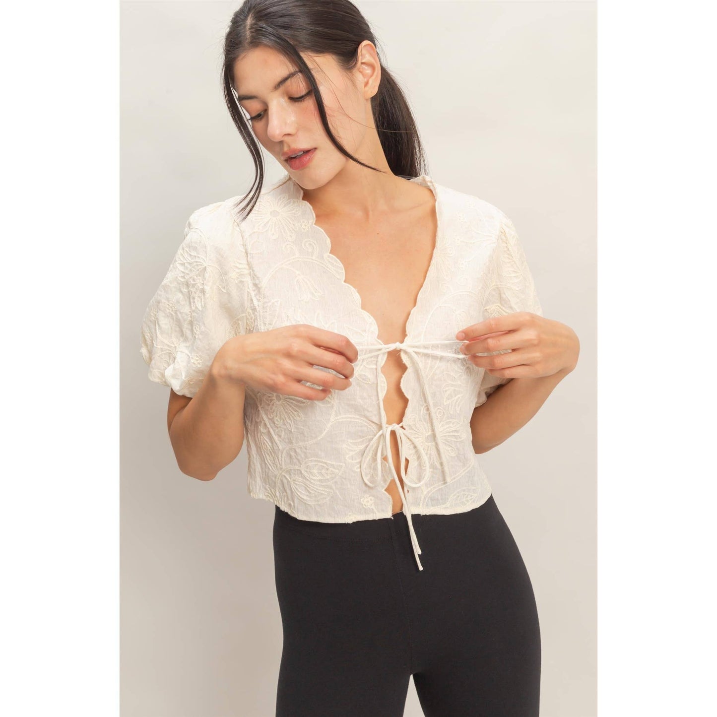 Tara Floral Embroidered Tie-Front Top