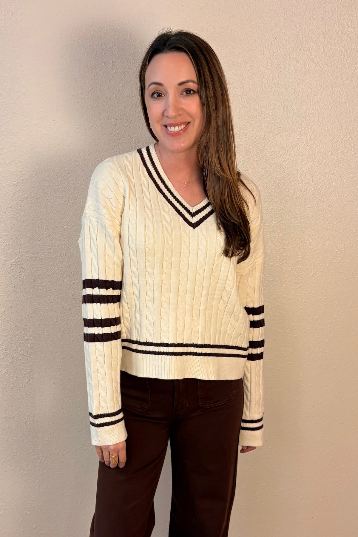 Paige Cable Knit Varsity V-Neck Sweater