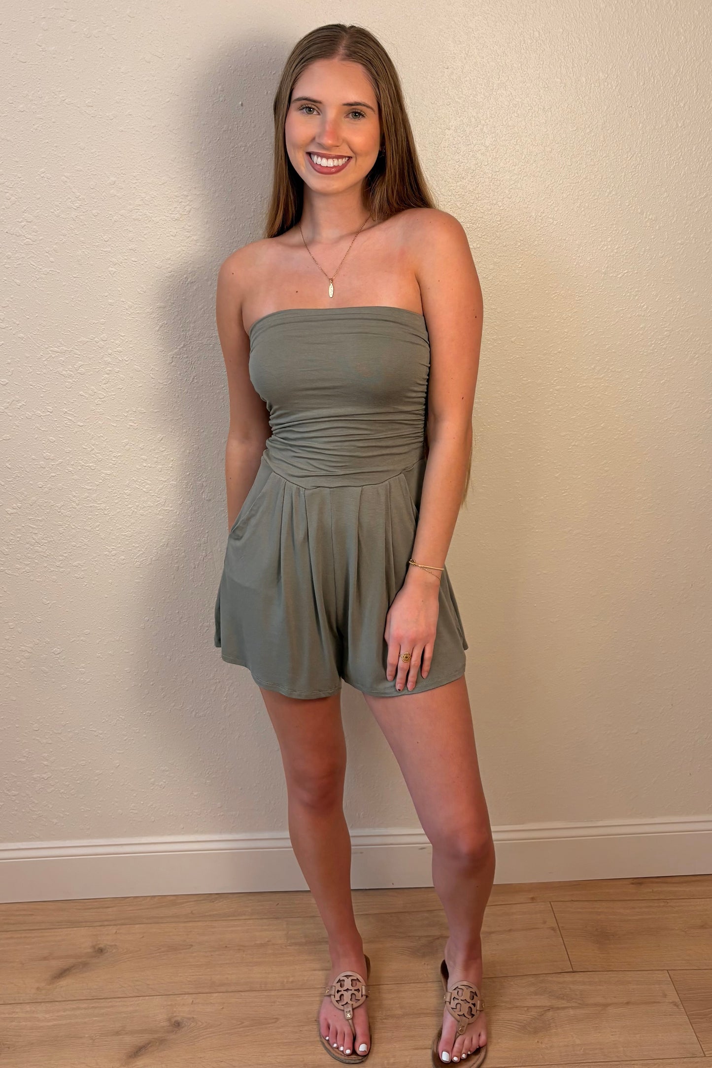 Georgia Sage Green Strapless Romper