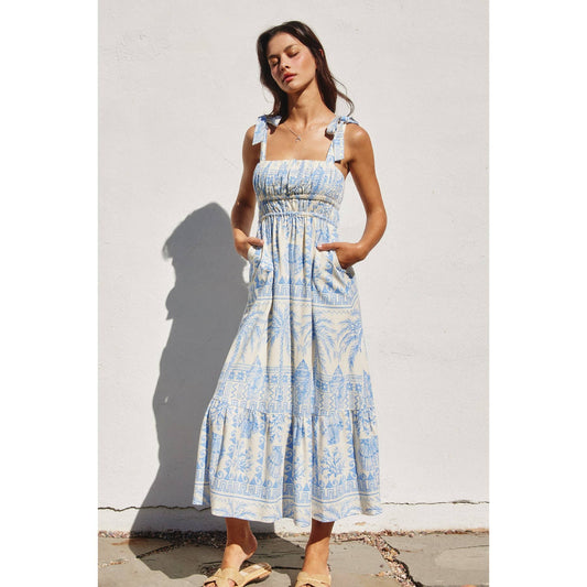 Seascape Shirred Fit And Flare Midi Dress