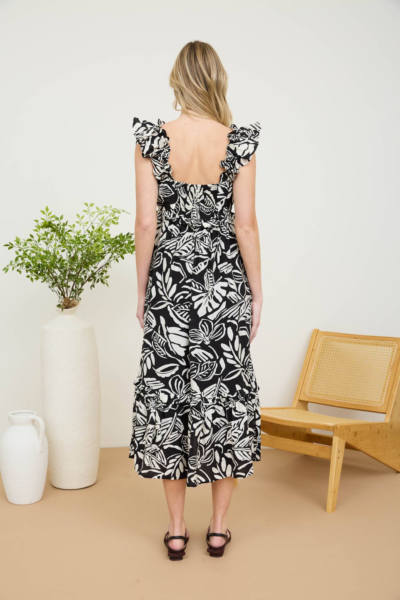 Alex Tropical Print Ruffle Mid Dress