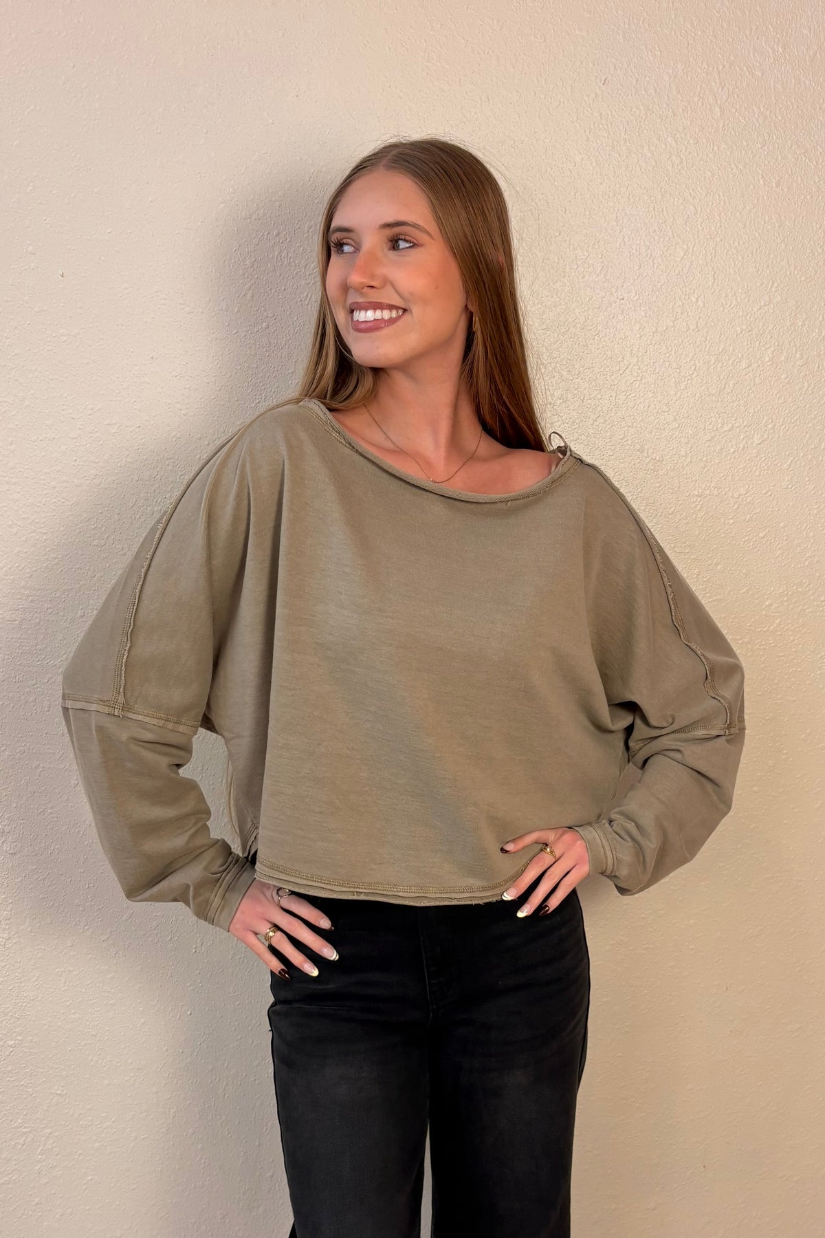 Penelope Raw Edge Hem Long Sleeve Top