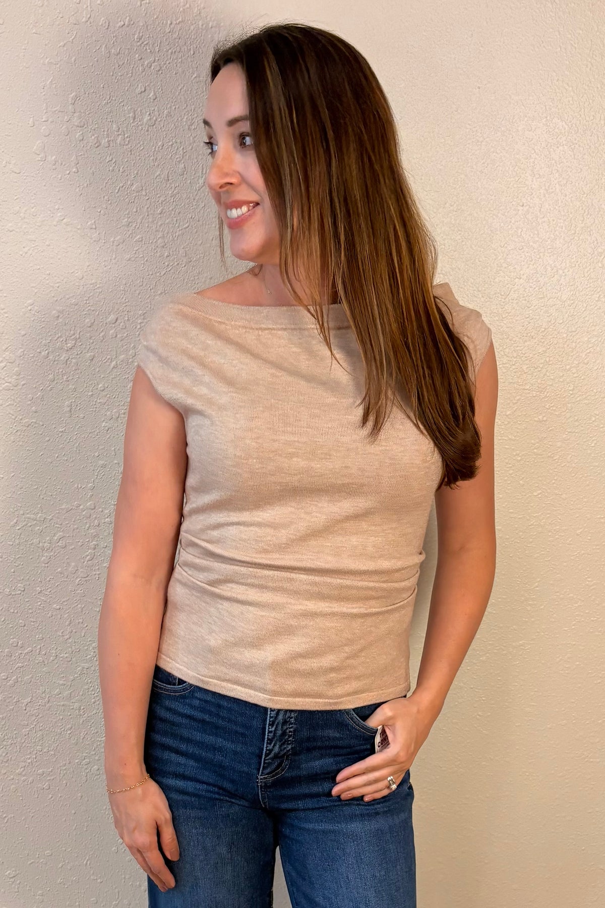 Jess Taupe Side Ruched Boatneck Knit Top