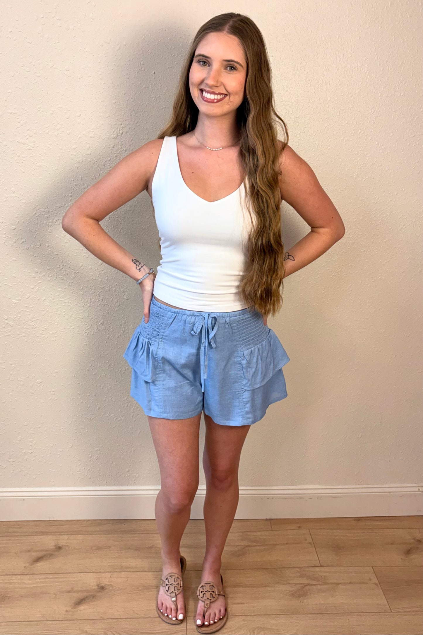 Skye Light Blue Ruffle Shorts