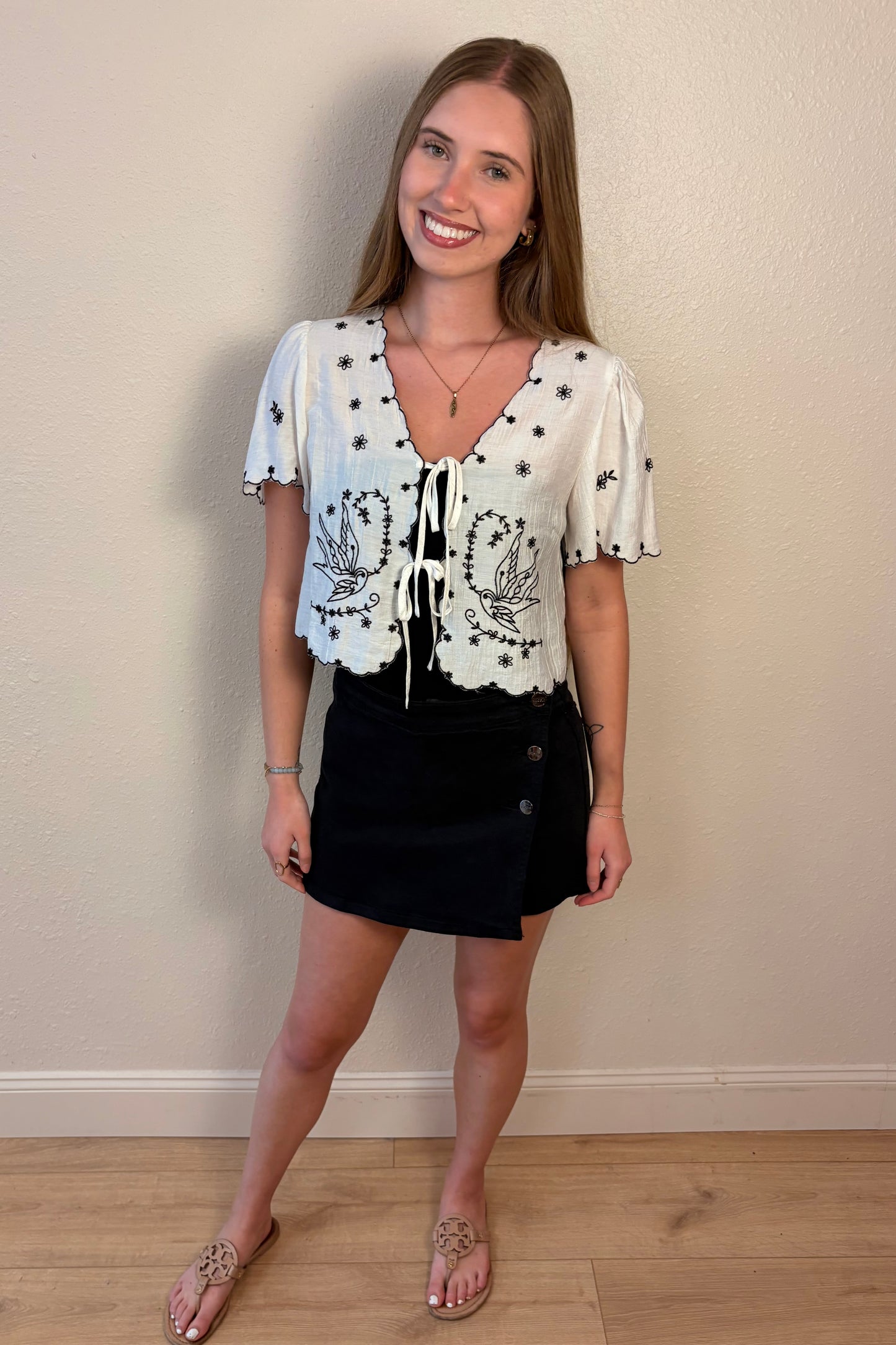 Magnolia Bird Embroidered Tie Front Top
