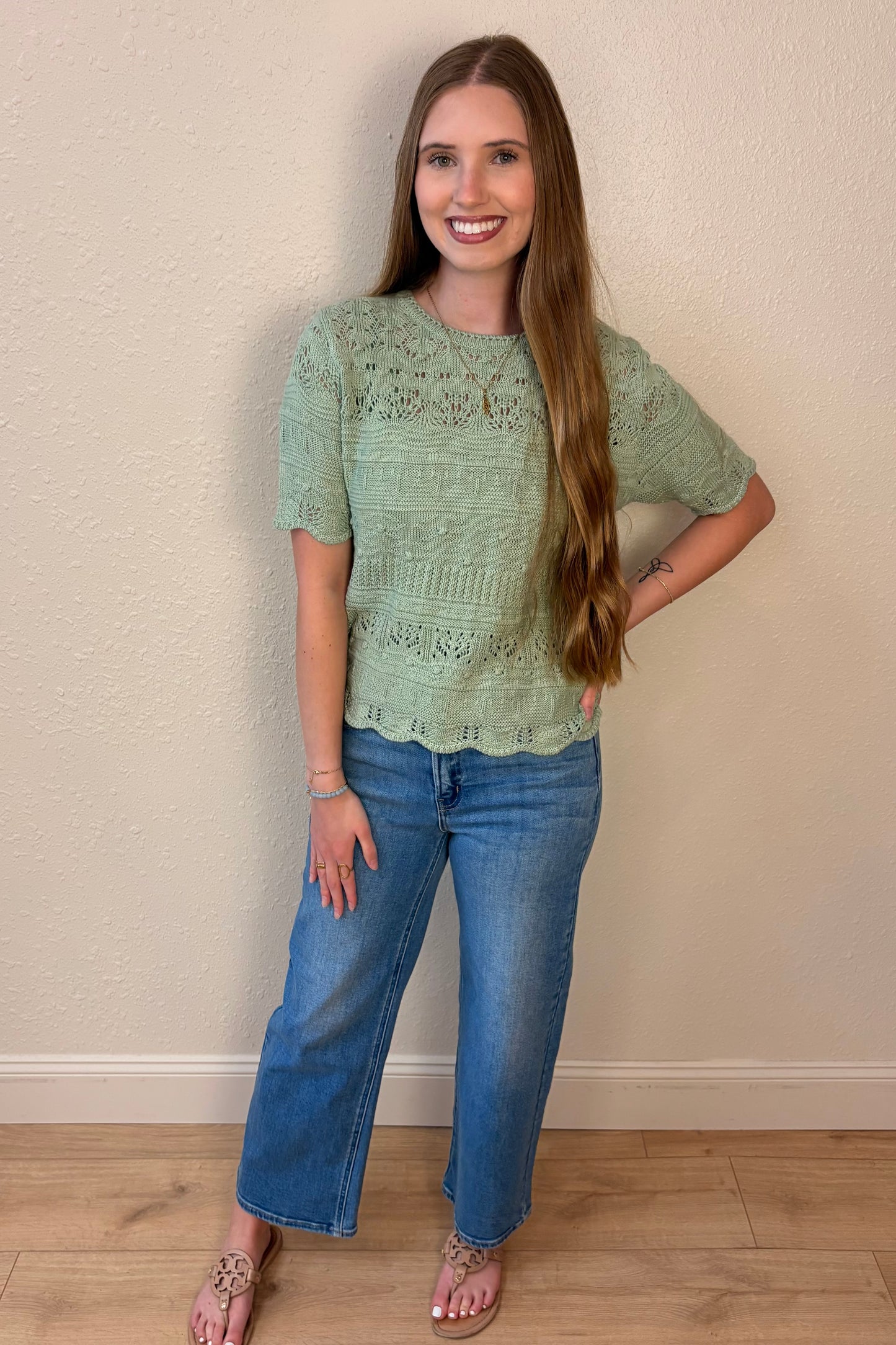 Sophia Pointelle Knit Short Sleeve Top