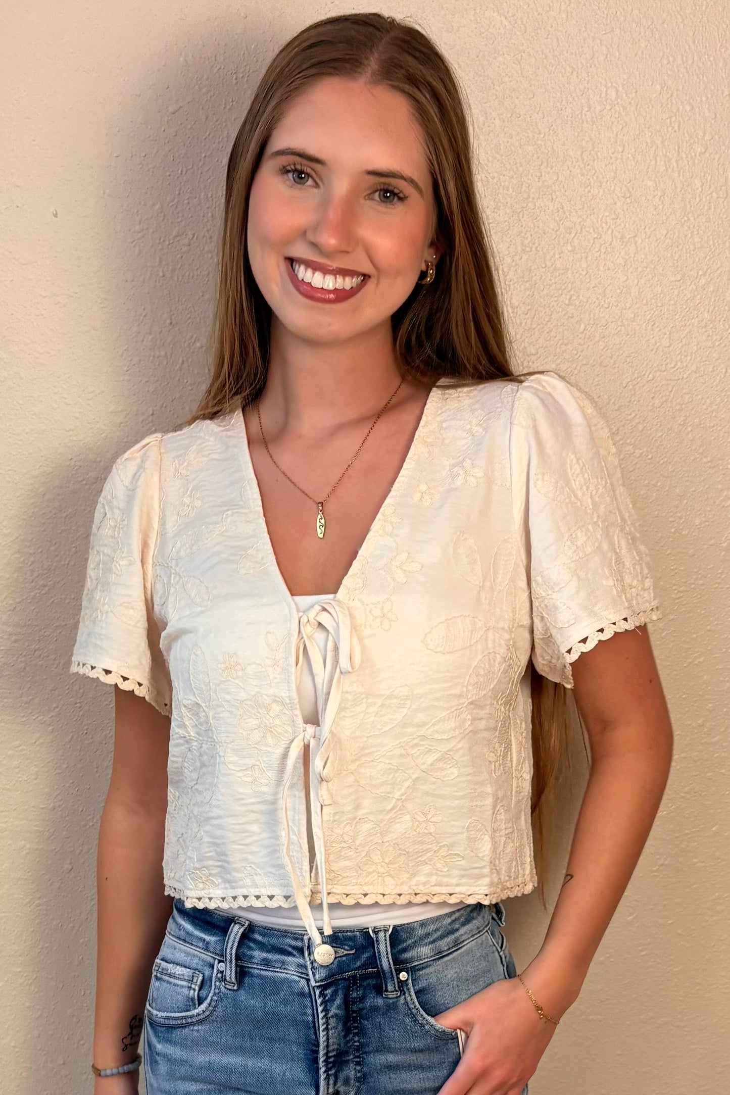 Cecilia Embroidered Tie Front Top