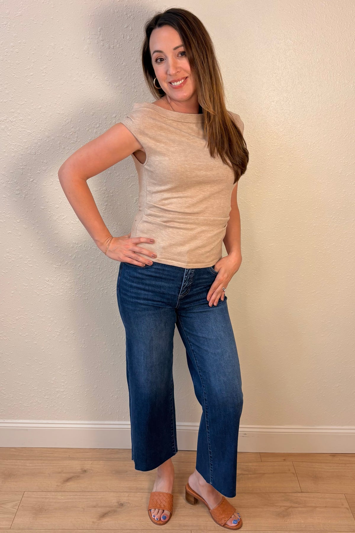 Jess Taupe Side Ruched Boatneck Knit Top