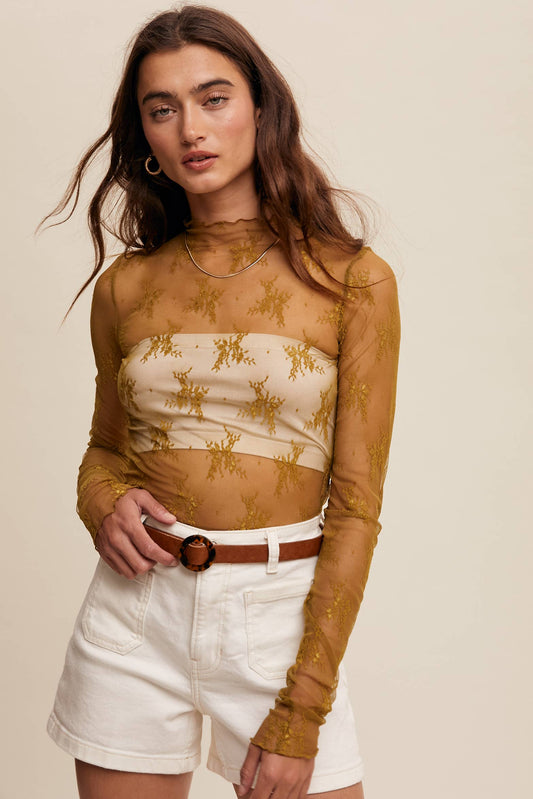 Sophia Sheer Lace Long-Sleeve Top Mocha