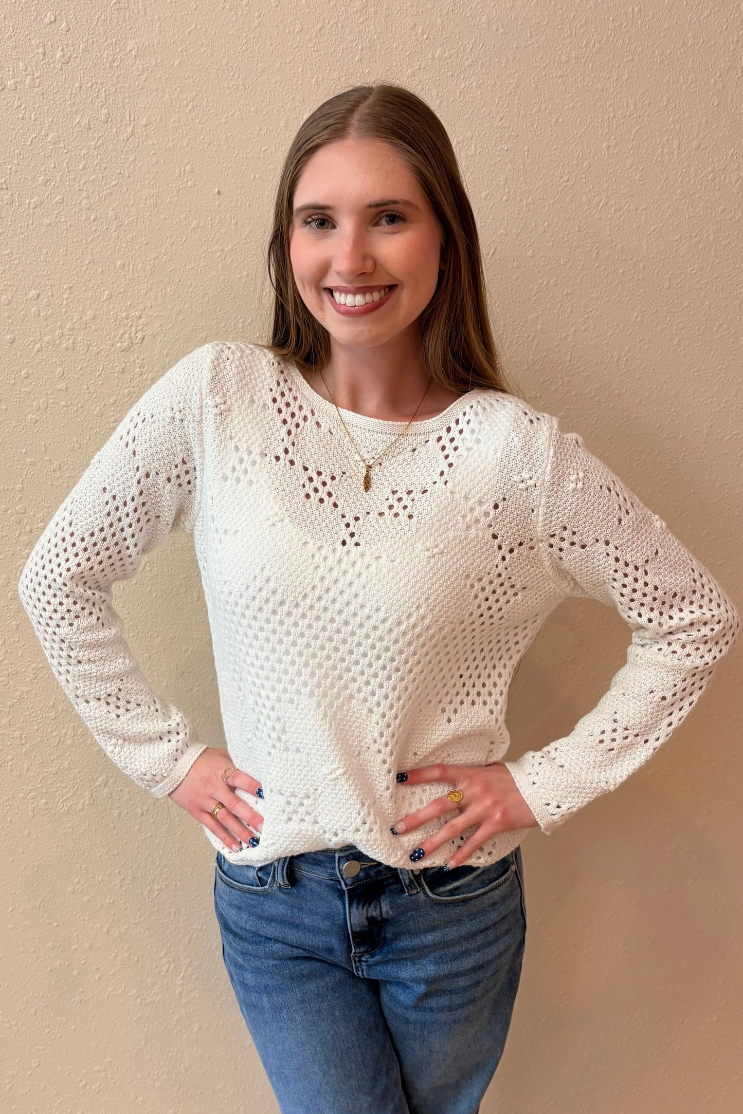 Daniella White Floral Open Weave Sweater