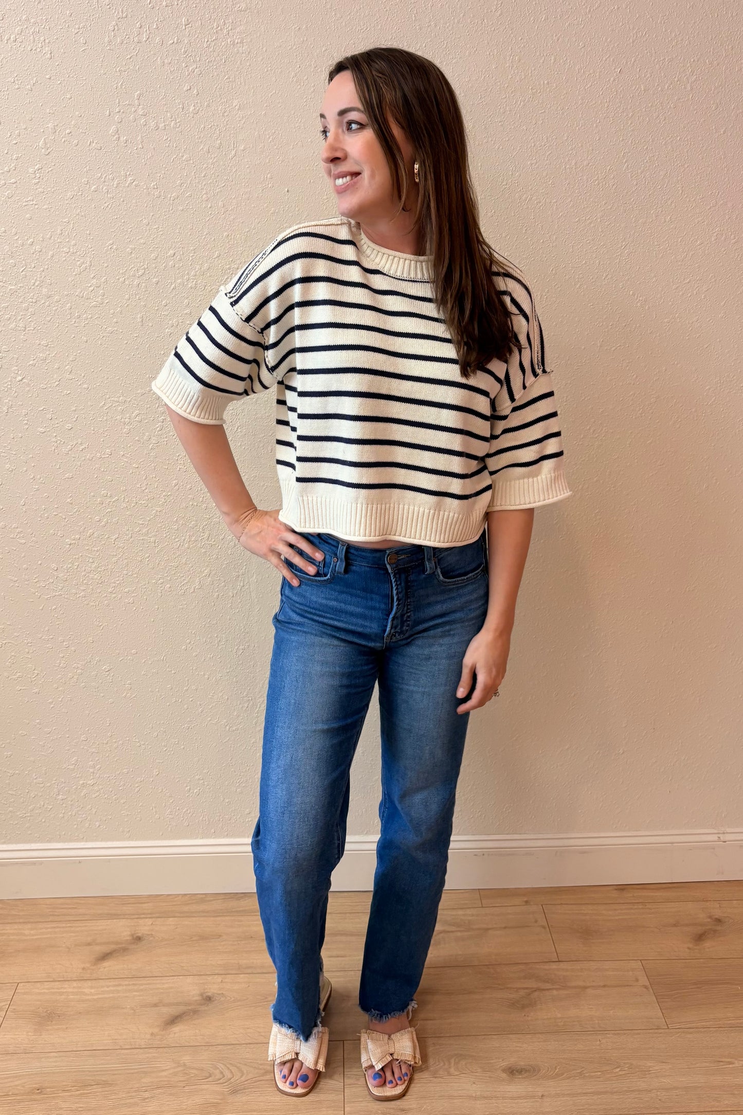 Margo Navy Stripe Drop Shoulder Sweater