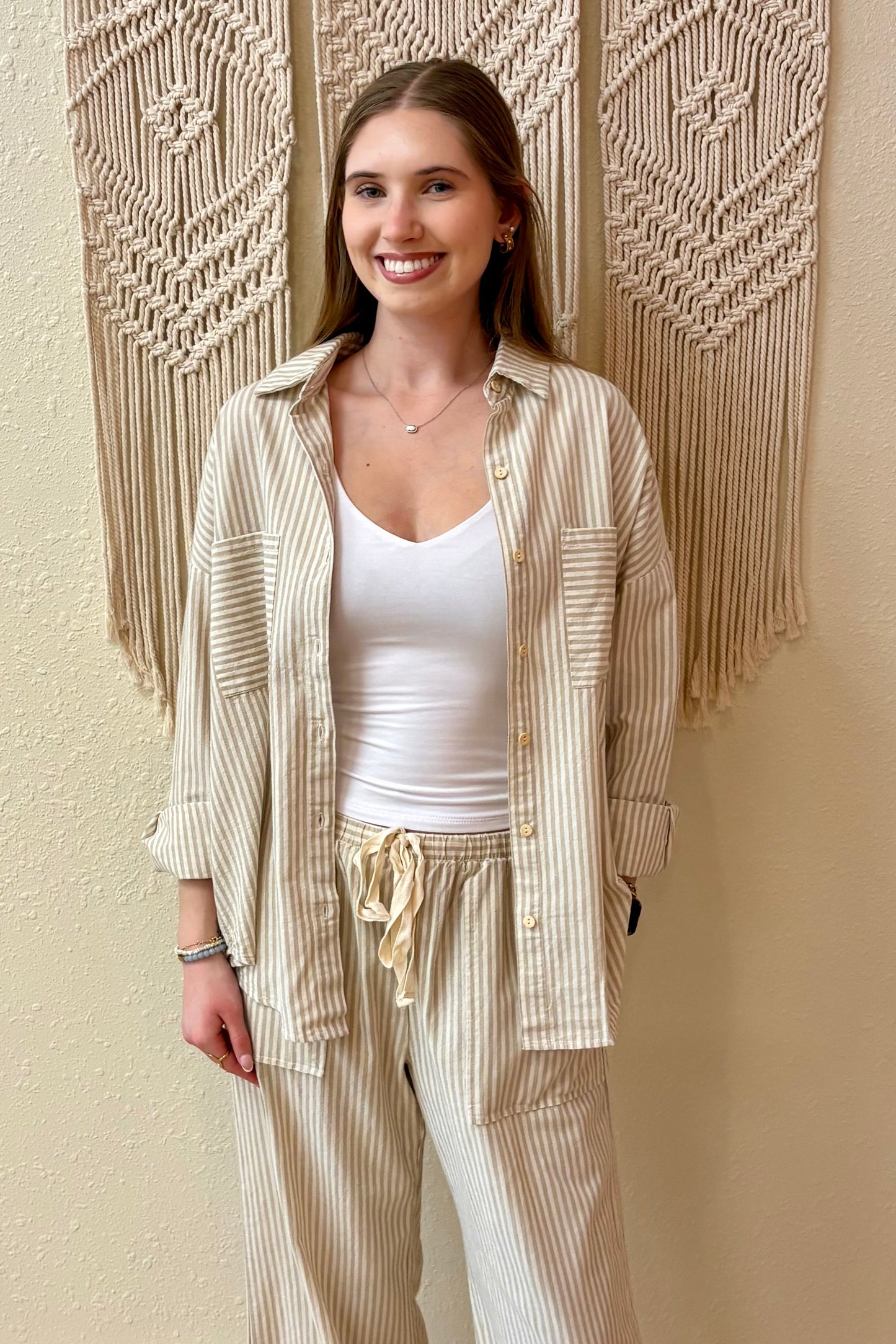 Cora Taupe & White Stripe Woven Shirt