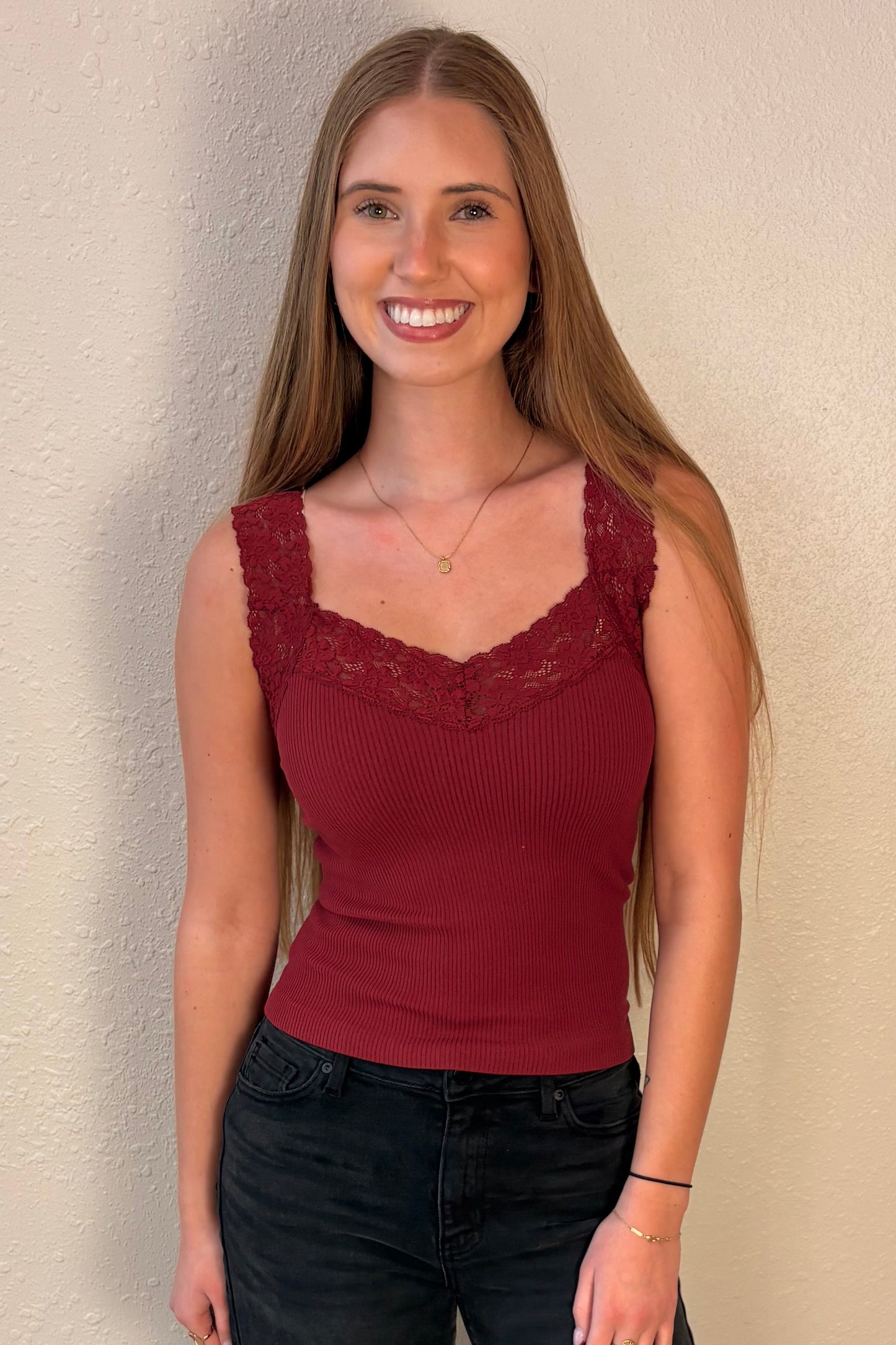 Eliza Burgundy Lace Trim Ribbed Tank Top