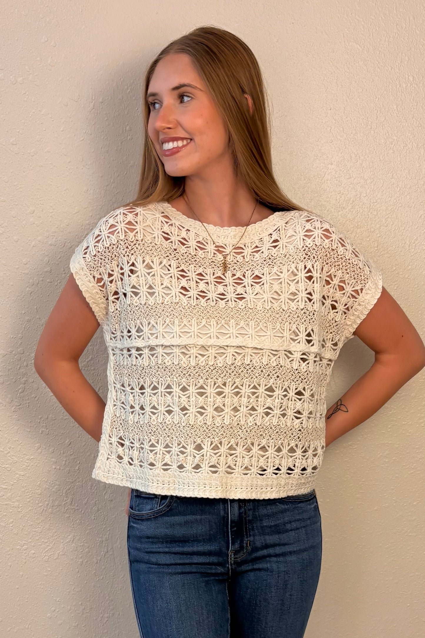 Celeste Crochet Knit Short Sleeve Top