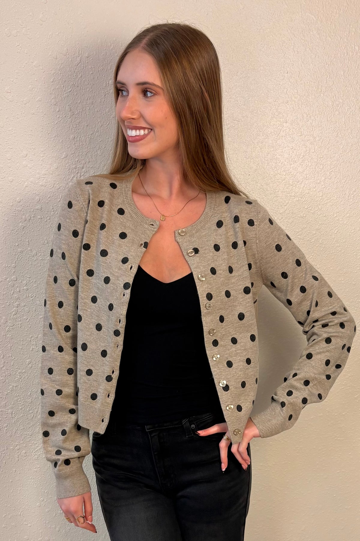 Sadie Taupe Polka Dot Cardigan Sweater