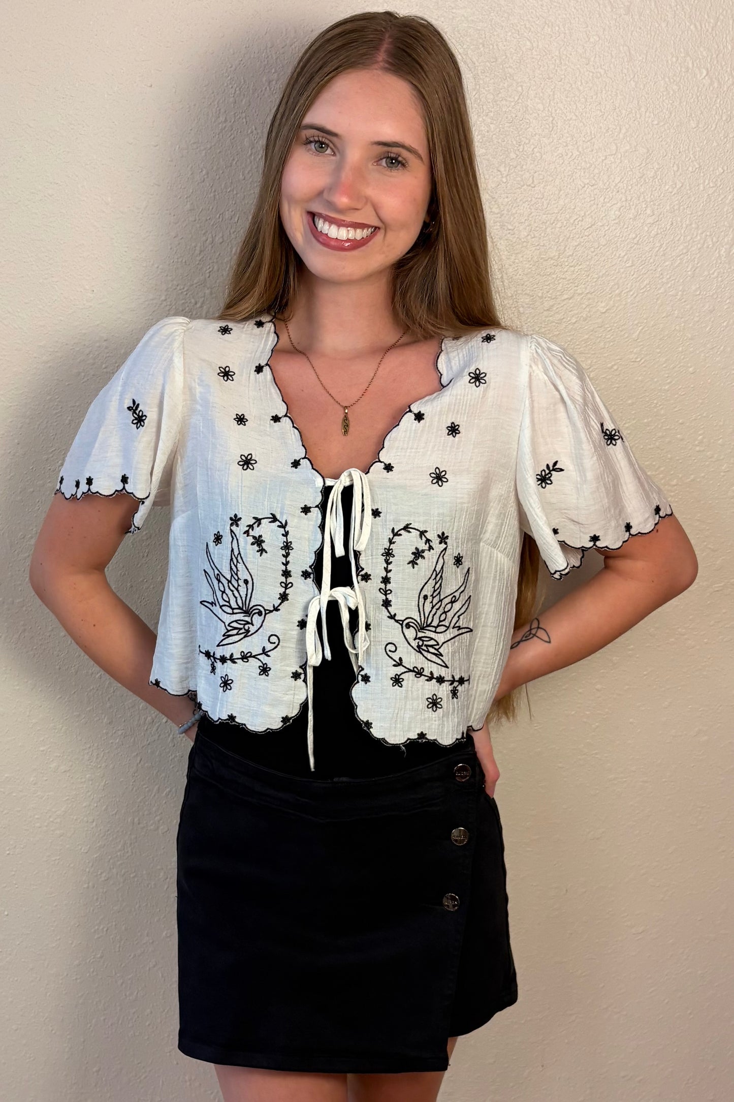 Magnolia Bird Embroidered Tie Front Top