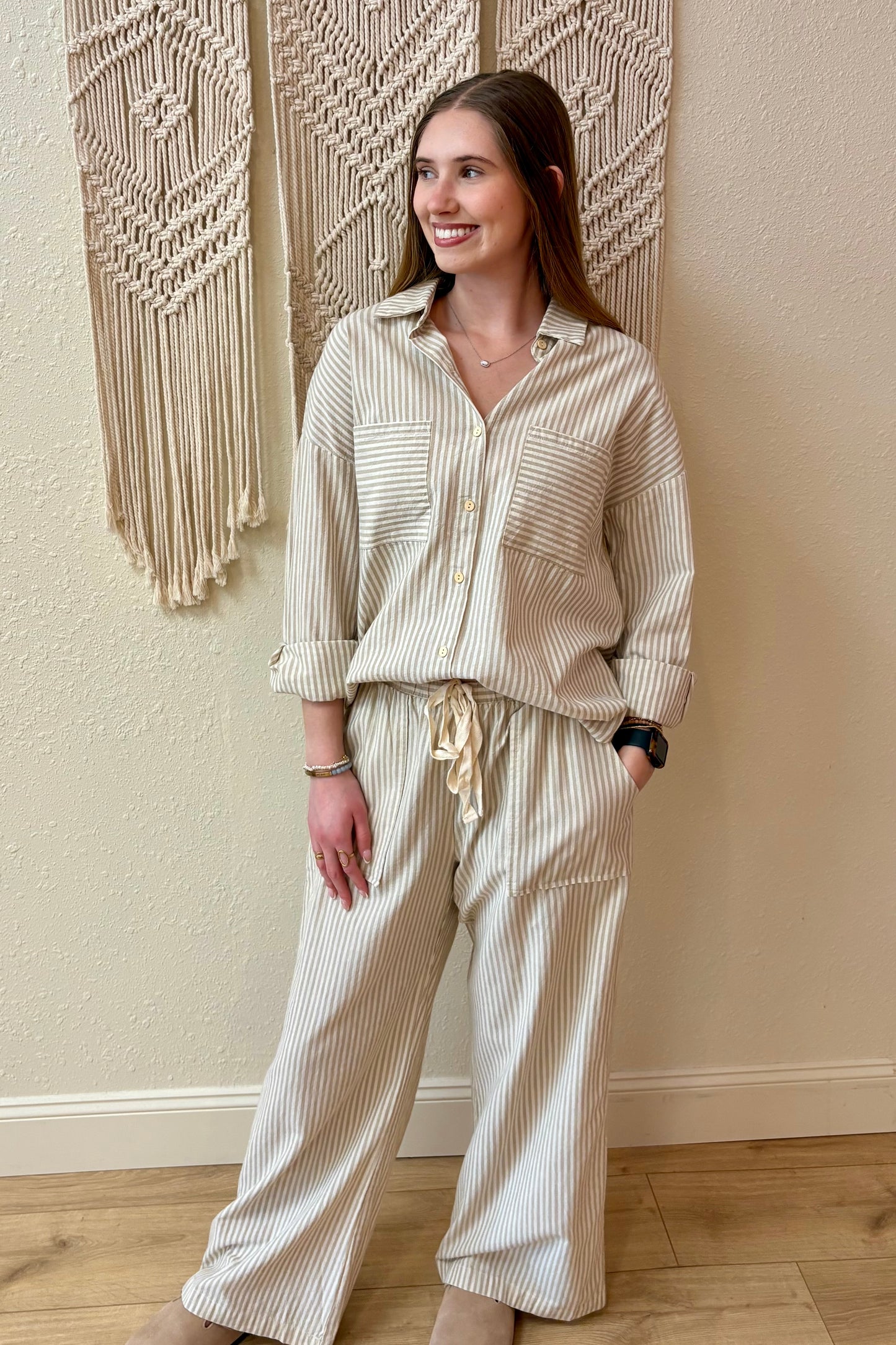 Cora Taupe & White Stripe Woven Shirt