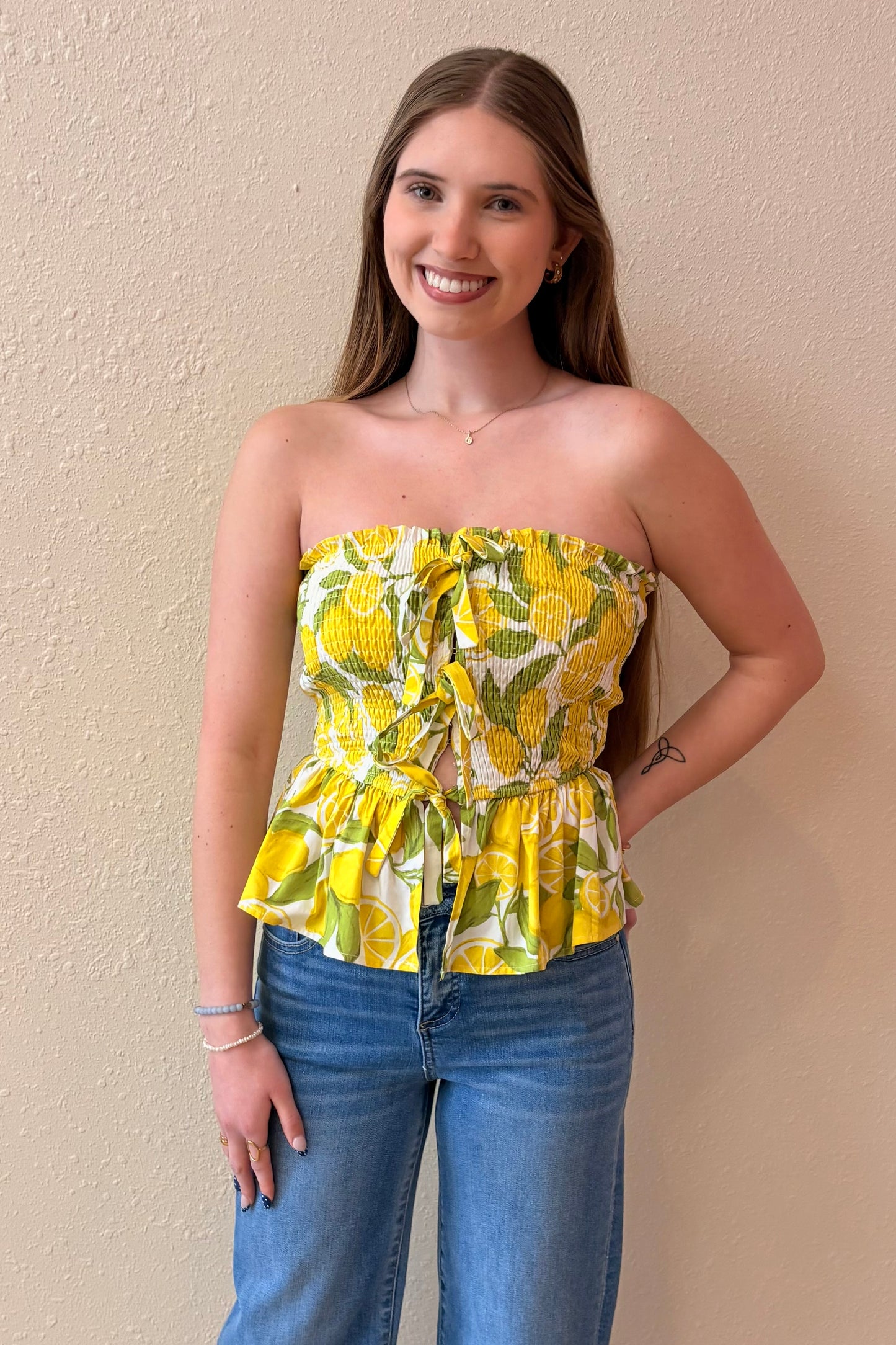 Sienna Lemon Print Peplum Tube Top