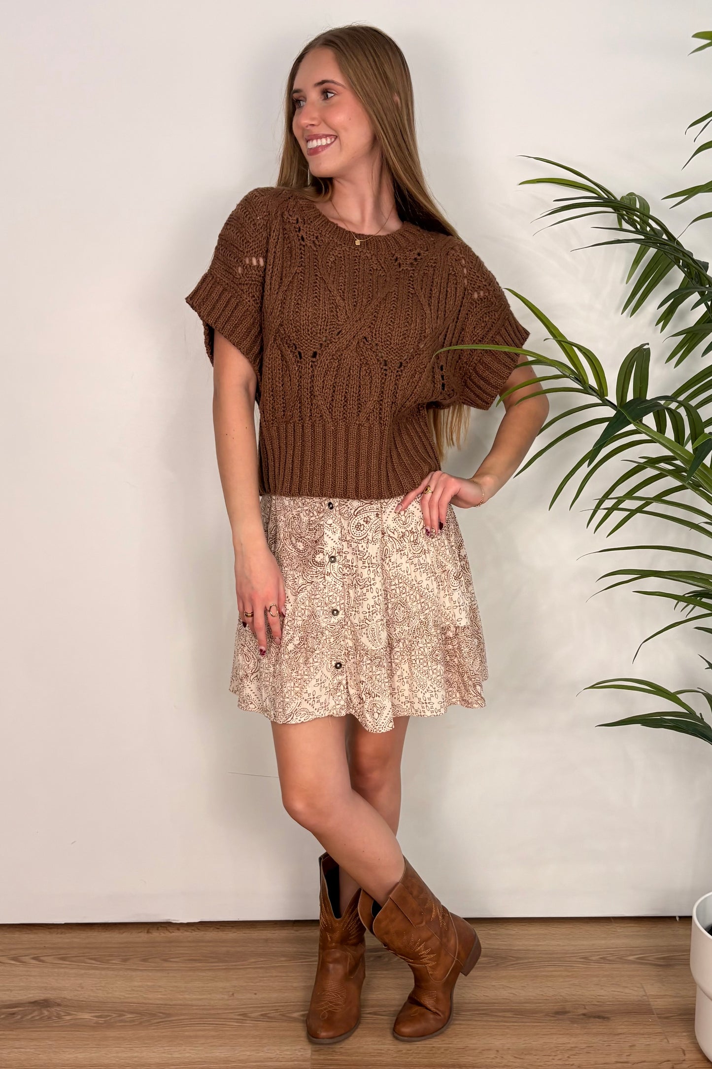 Wren Brown Short Sleeve Cable Knit Sweater