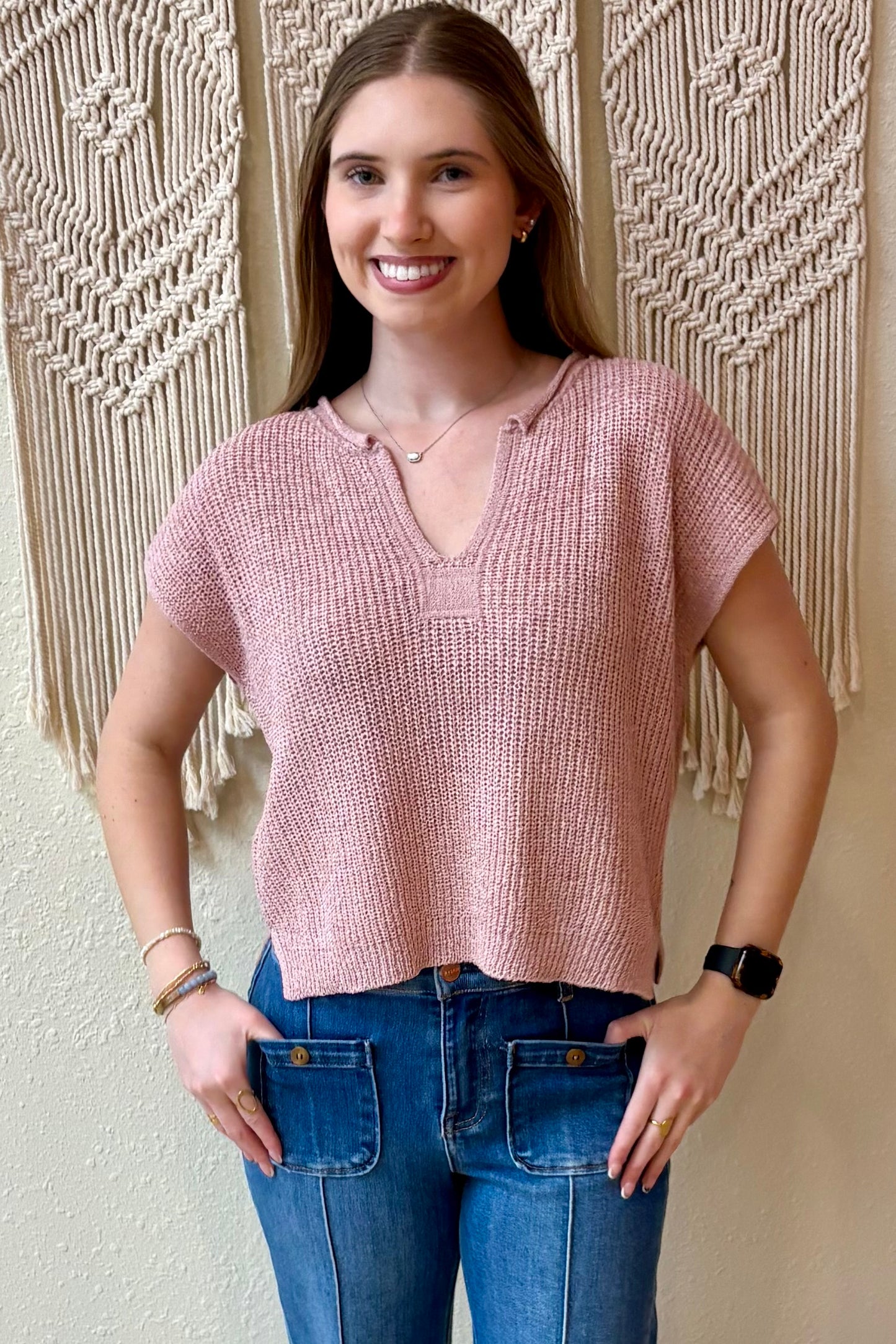 Danielle Mauve Split Neck Knit Top