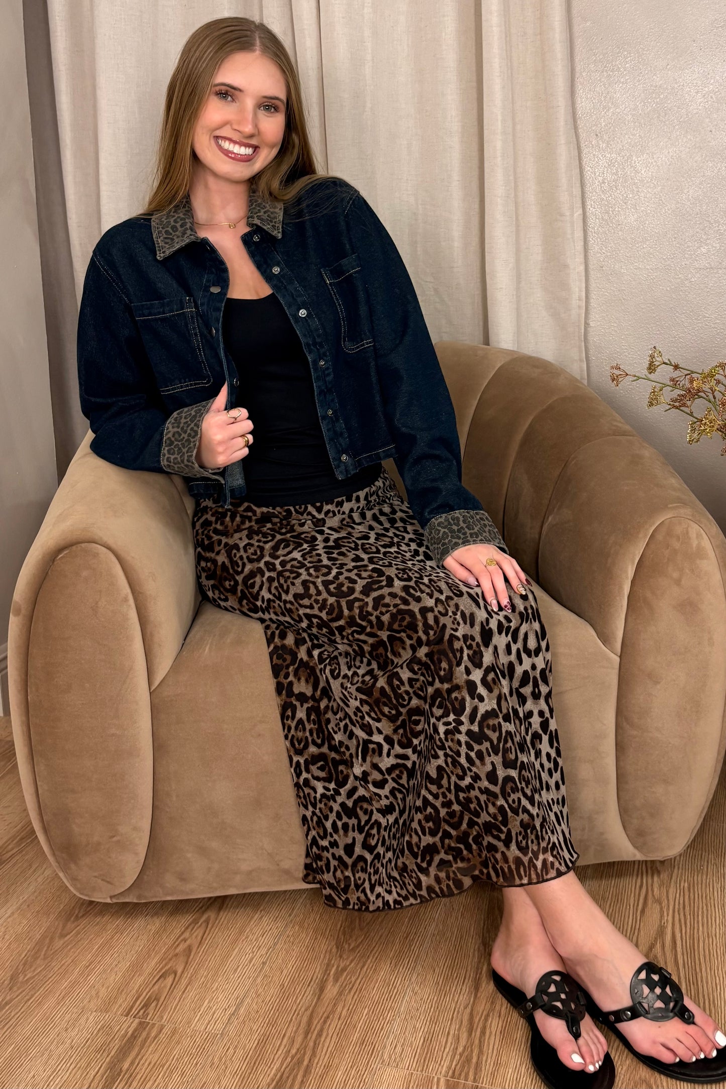Nora Leopard Trim Denim Jacket