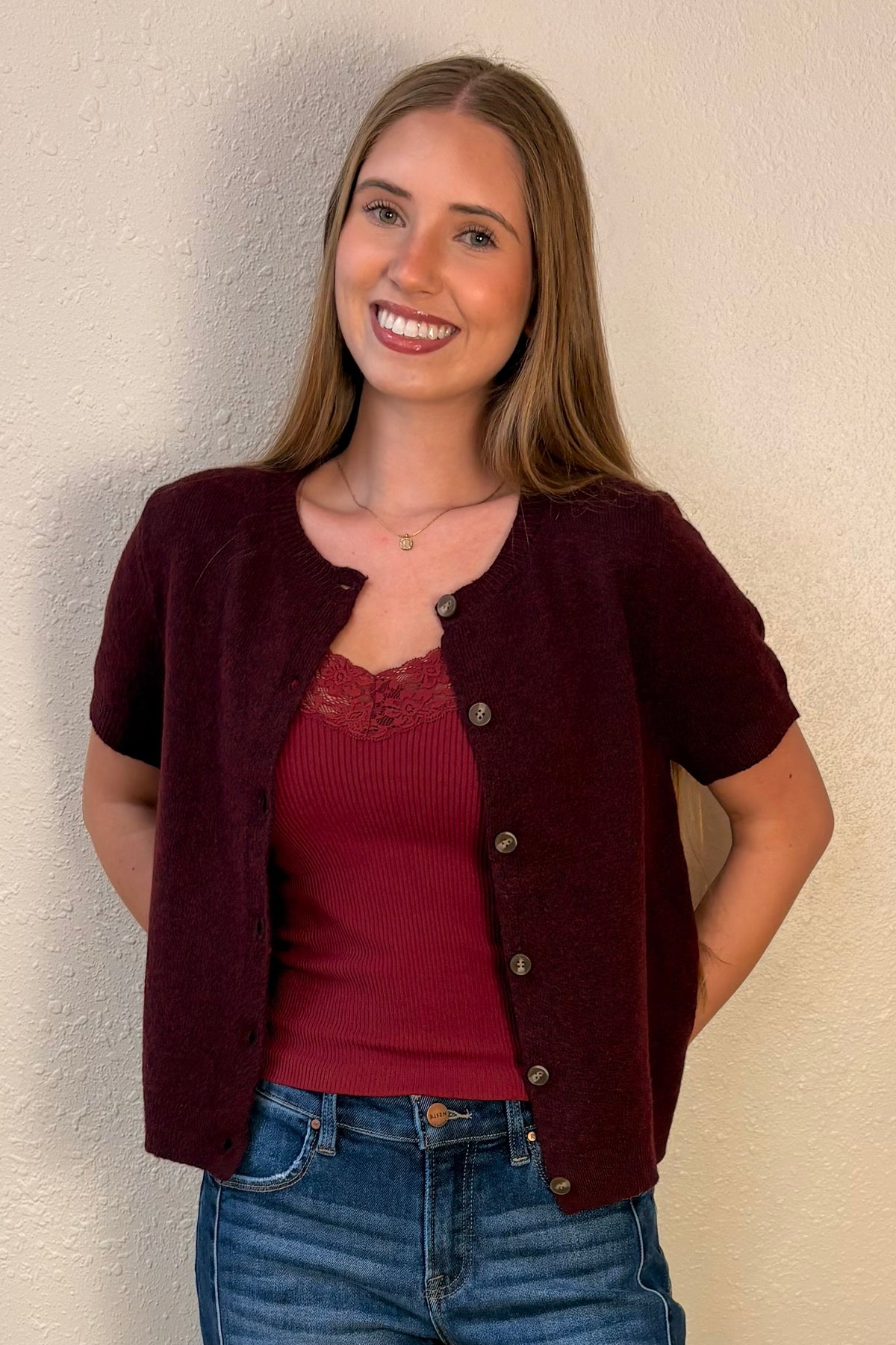 Amber Burgundy Short Sleeve Cardigan Sweater