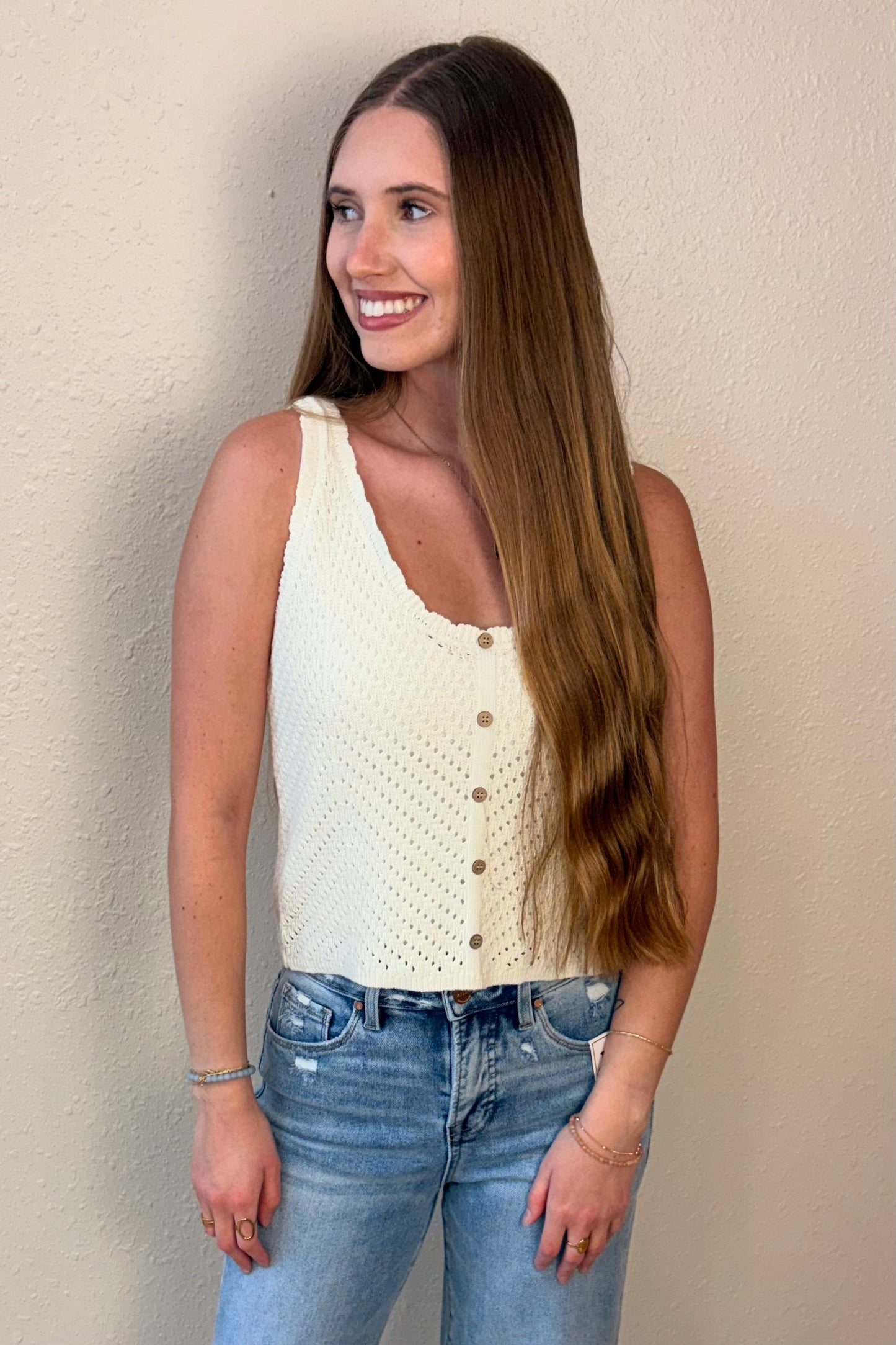 Sarah Scallop Edge Button Front Tank Top