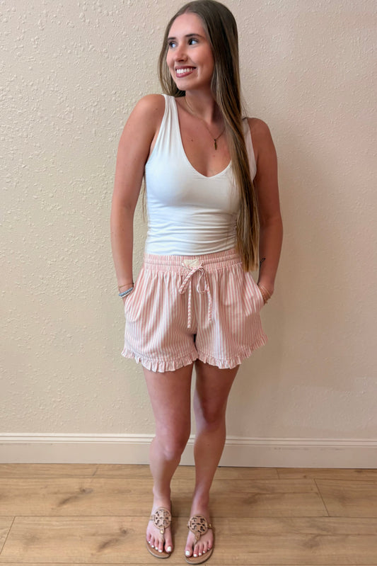 Keri Pink Striped Cotton Ruffle Shorts