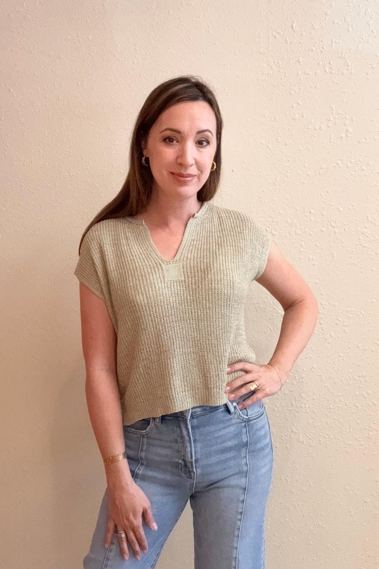 Danielle Light Olive Split Neck Knit Top
