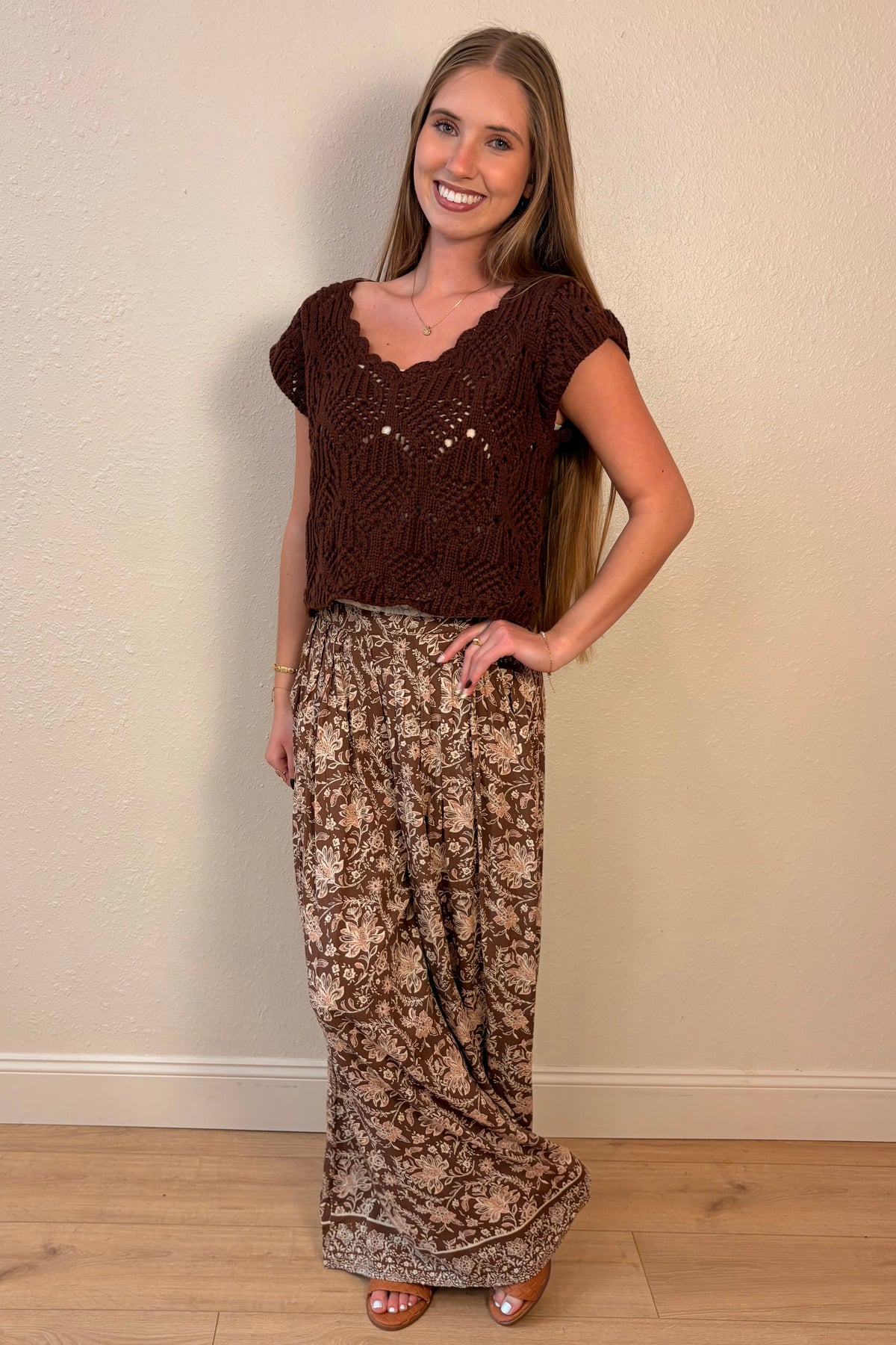 Rosalie Brown Floral Wide Leg Pants
