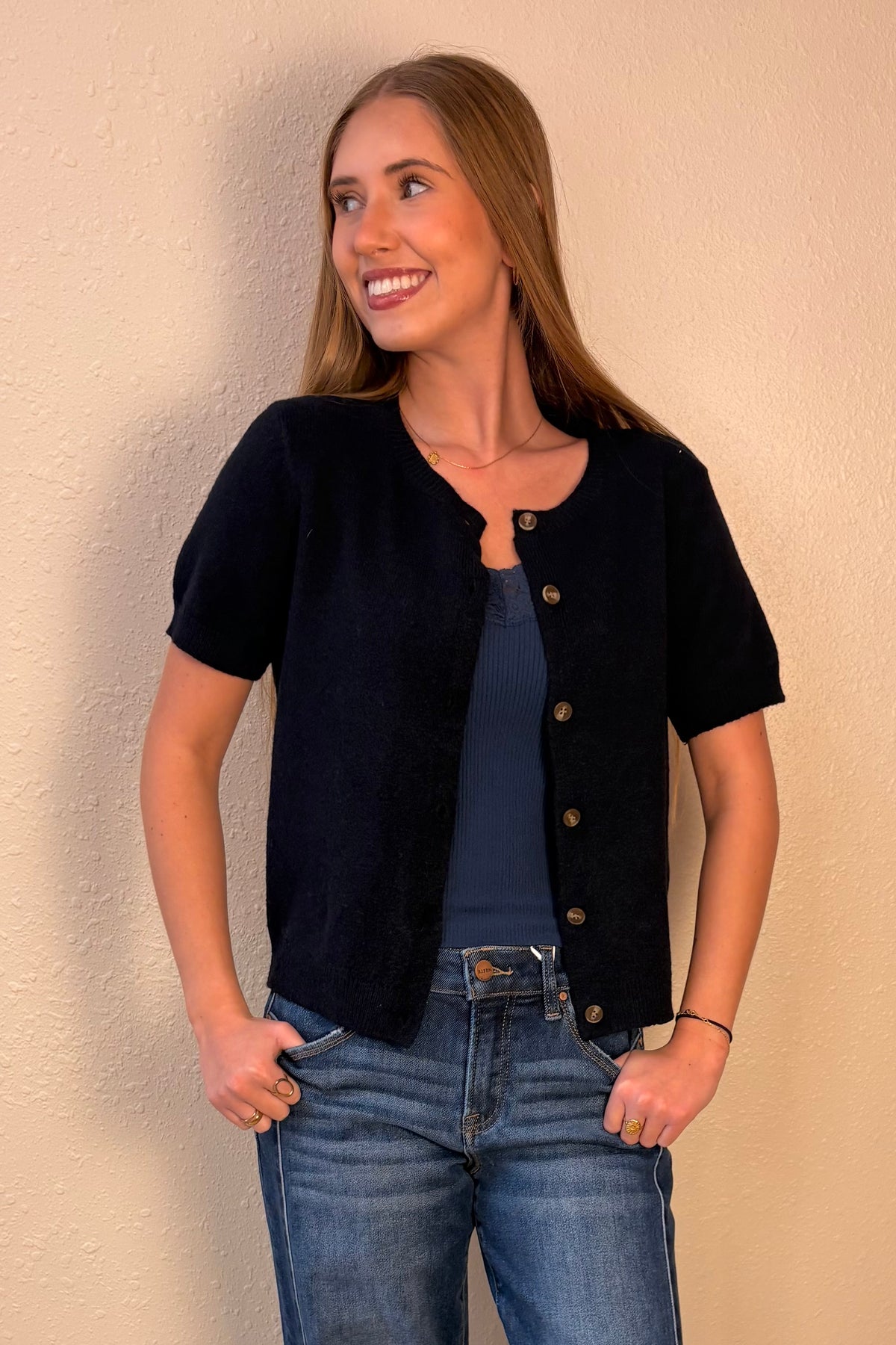 Amber Navy Short Sleeve Cardigan Sweater