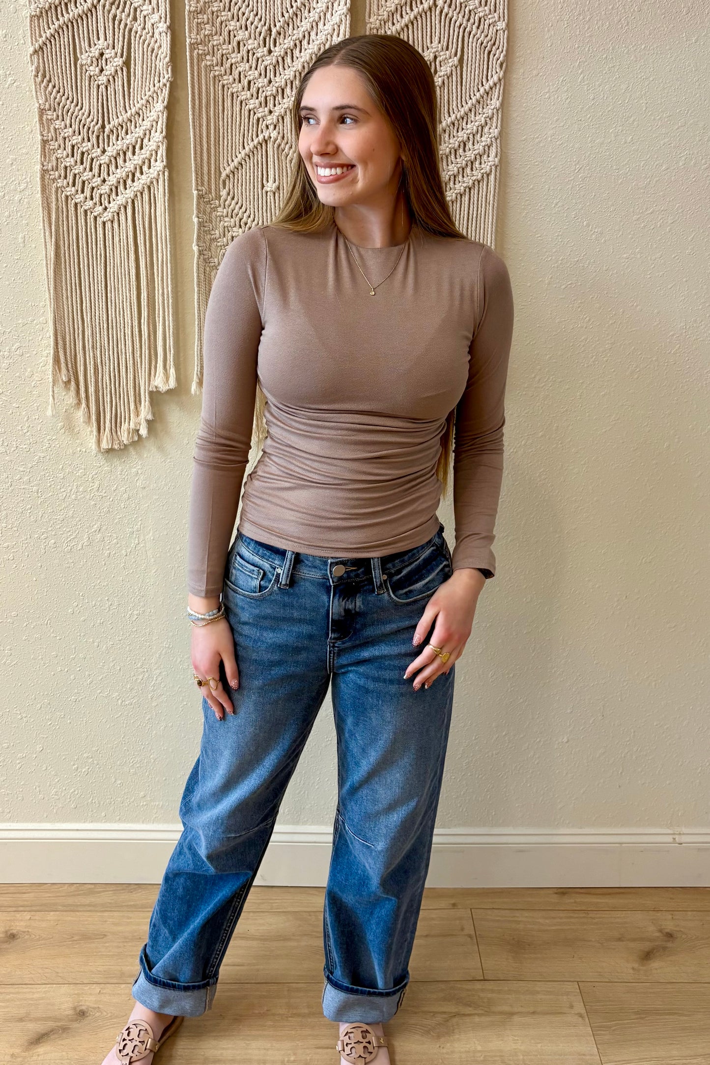 Marlena Ruched Side Long Sleeve Knit Top