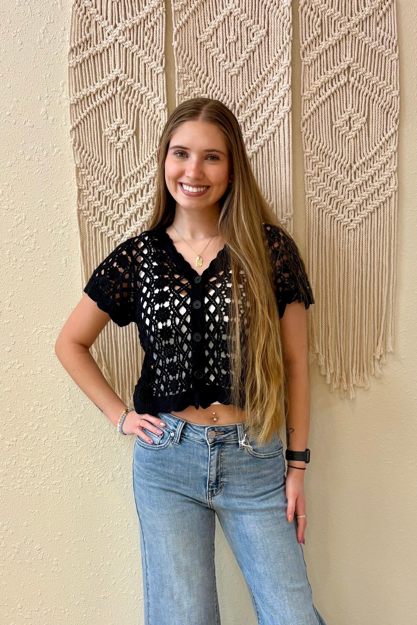 Bella Short Sleeve Crochet Cardigan Black