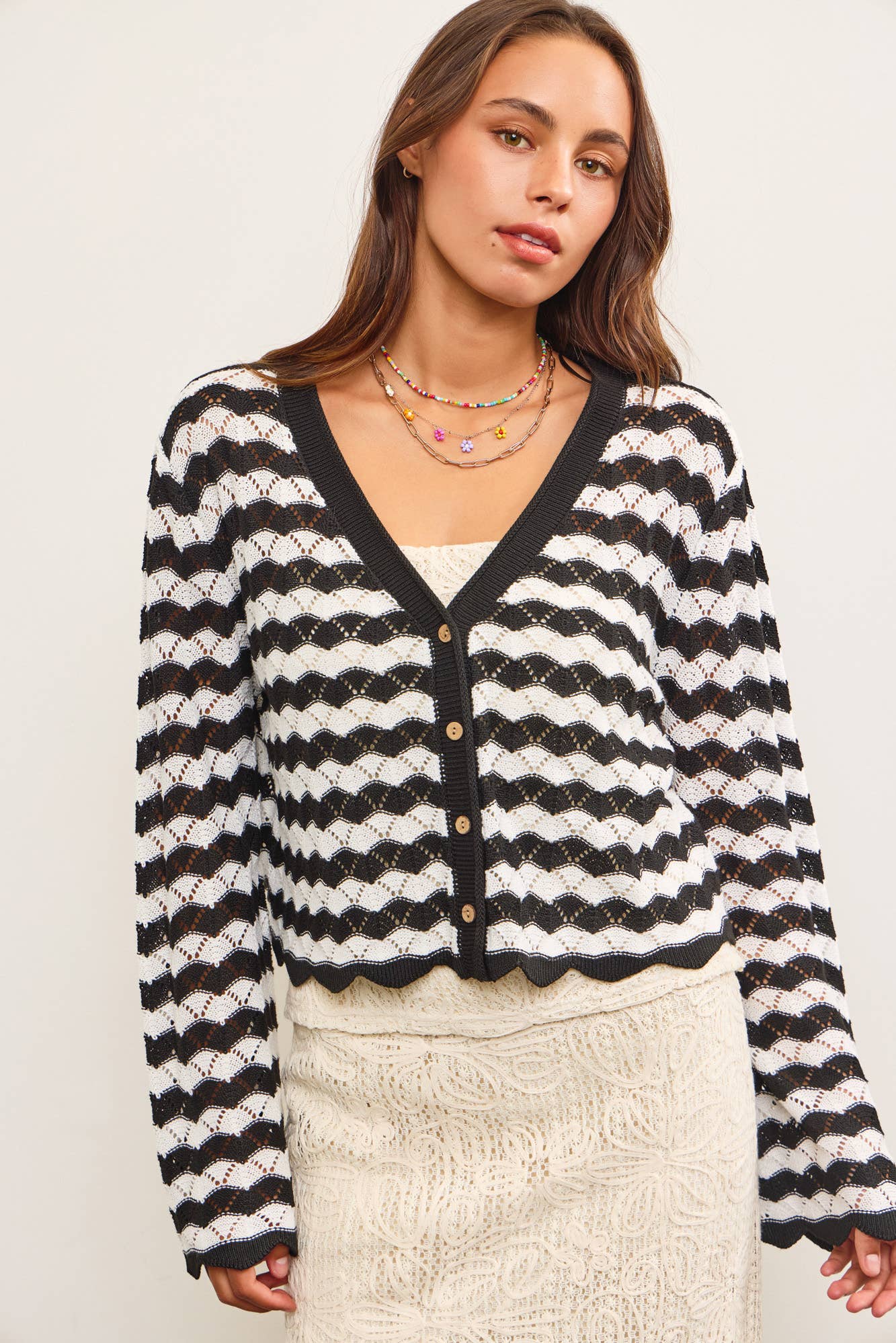 Miriam Scallop Edge Stripe Cardigan Sweater
