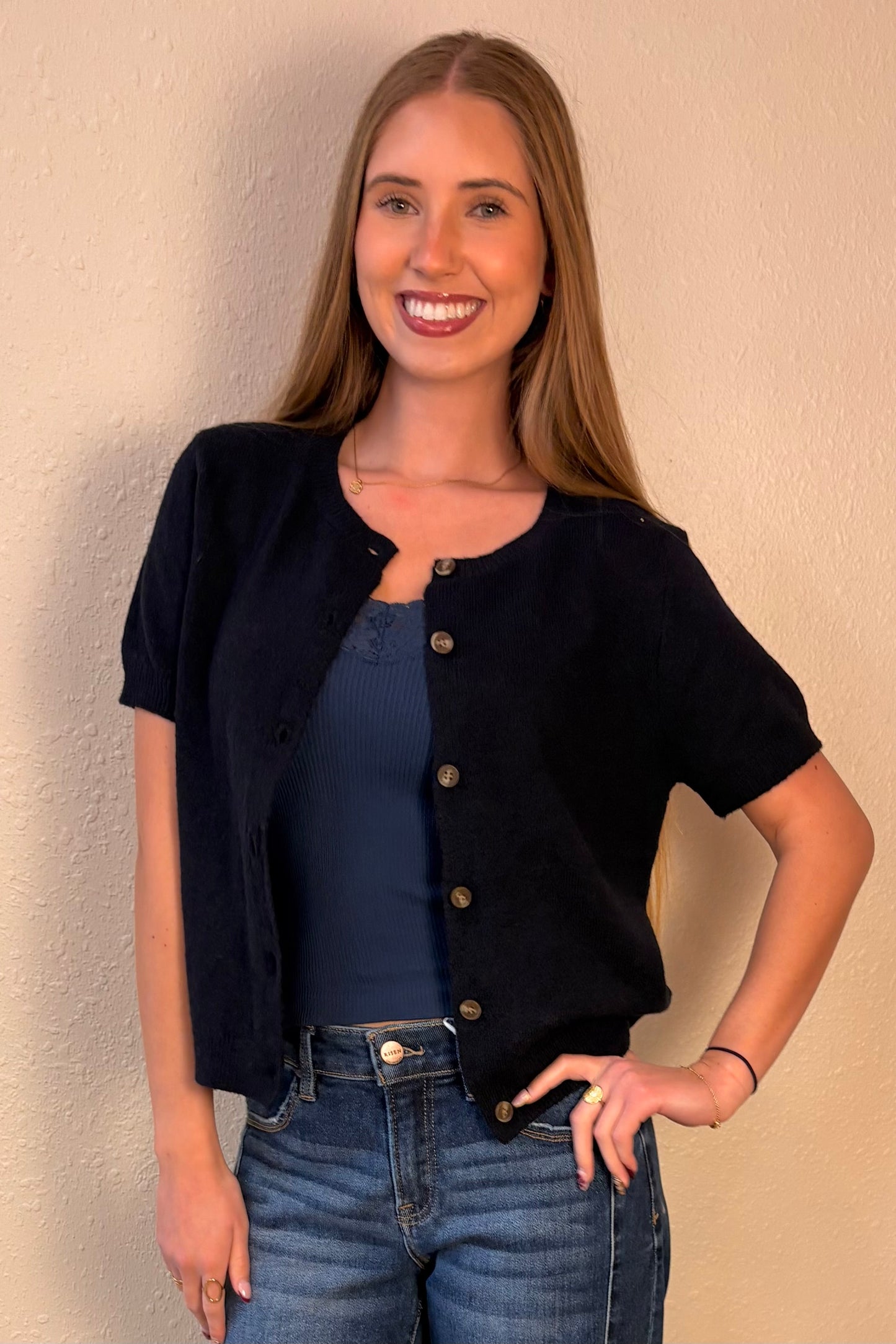Amber Navy Short Sleeve Cardigan Sweater