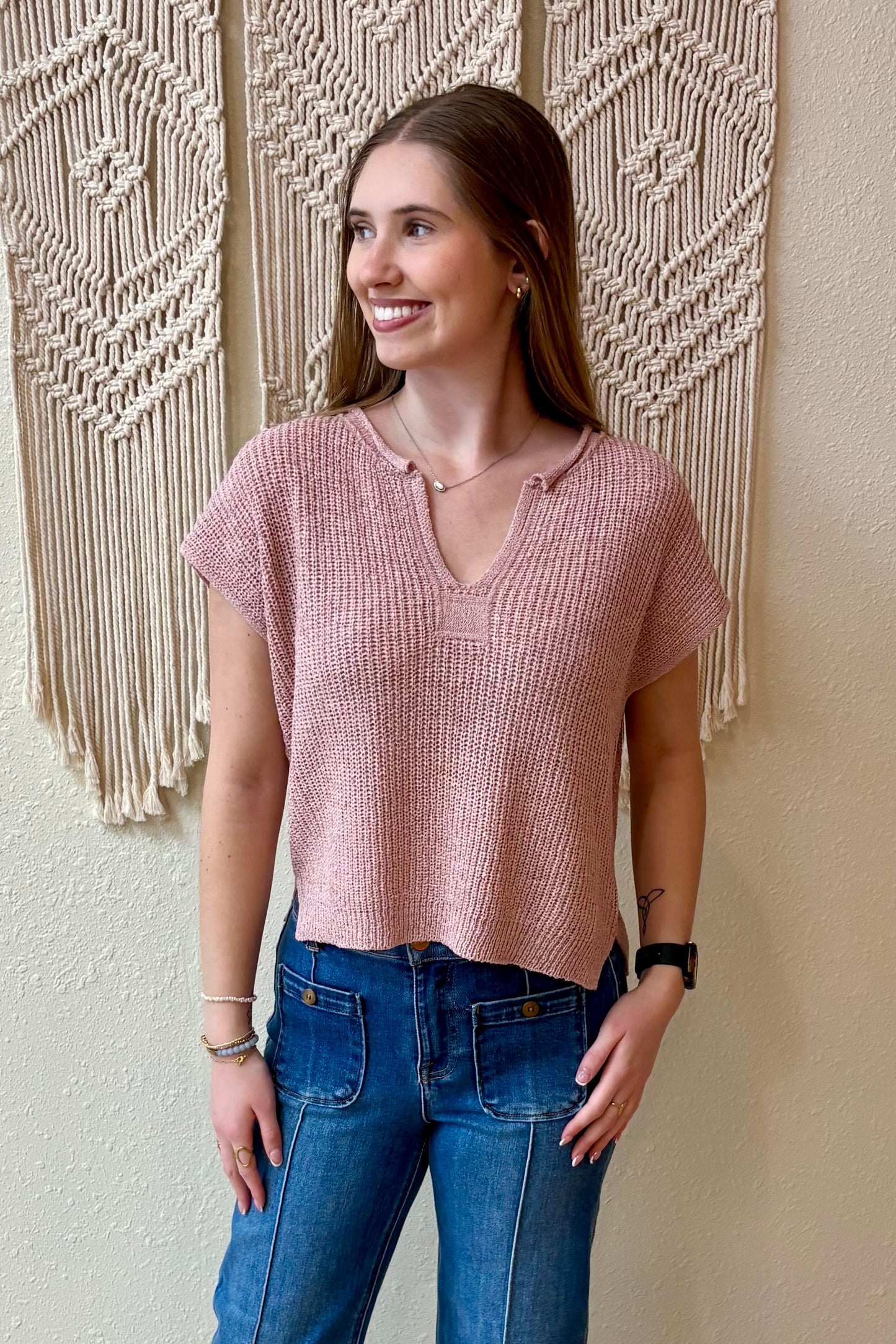 Danielle Mauve Split Neck Knit Top