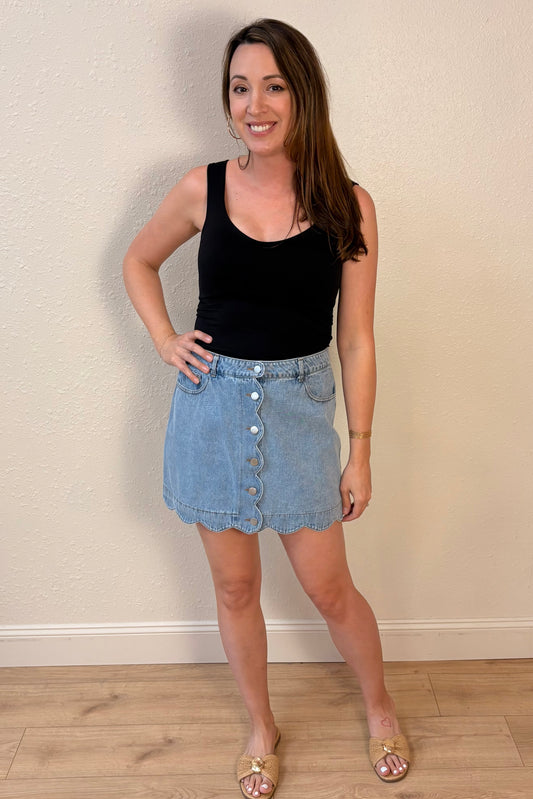 Carolina Scallop Trim Denim Mini Skirt
