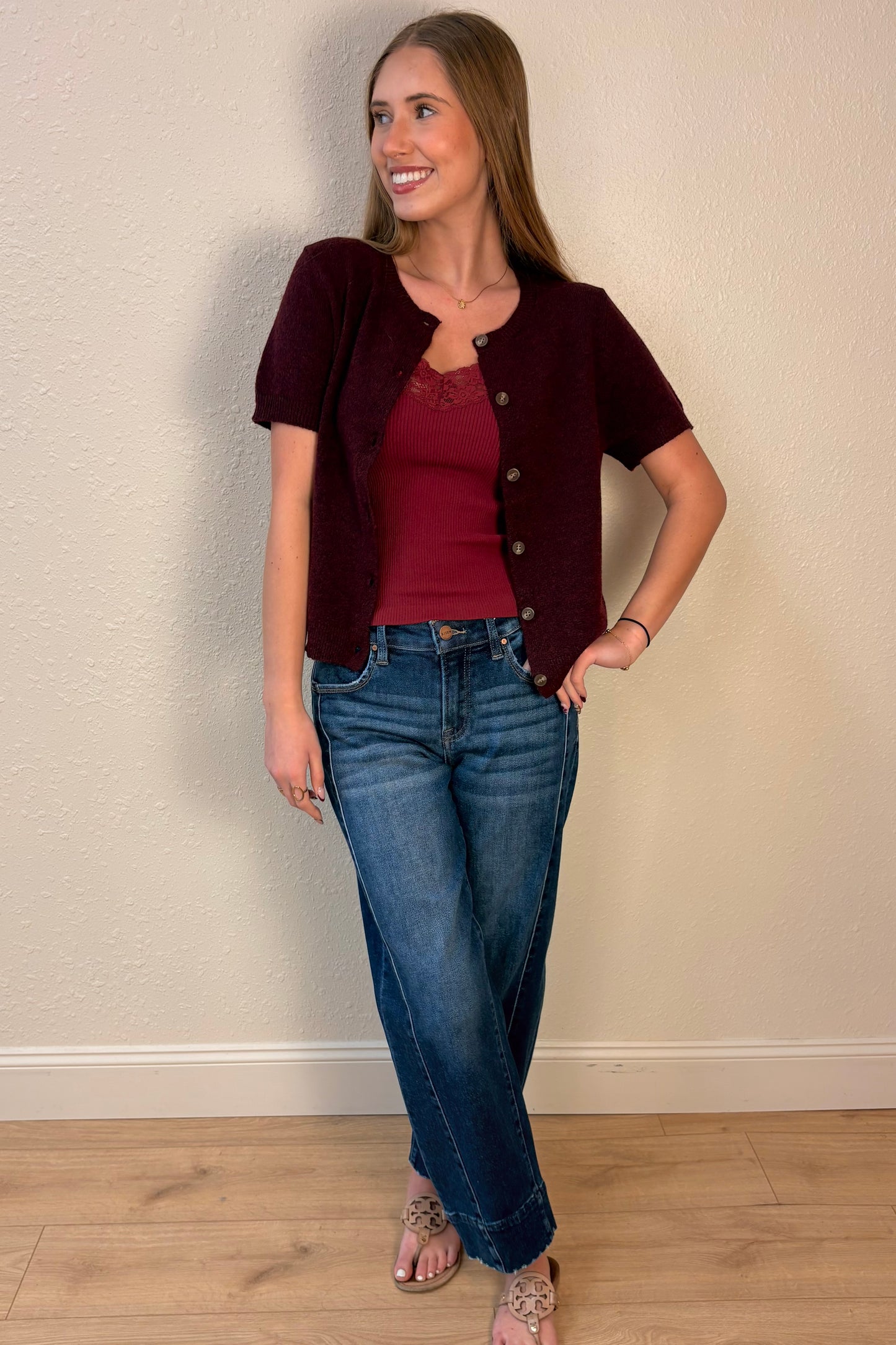 Amber Burgundy Short Sleeve Cardigan Sweater