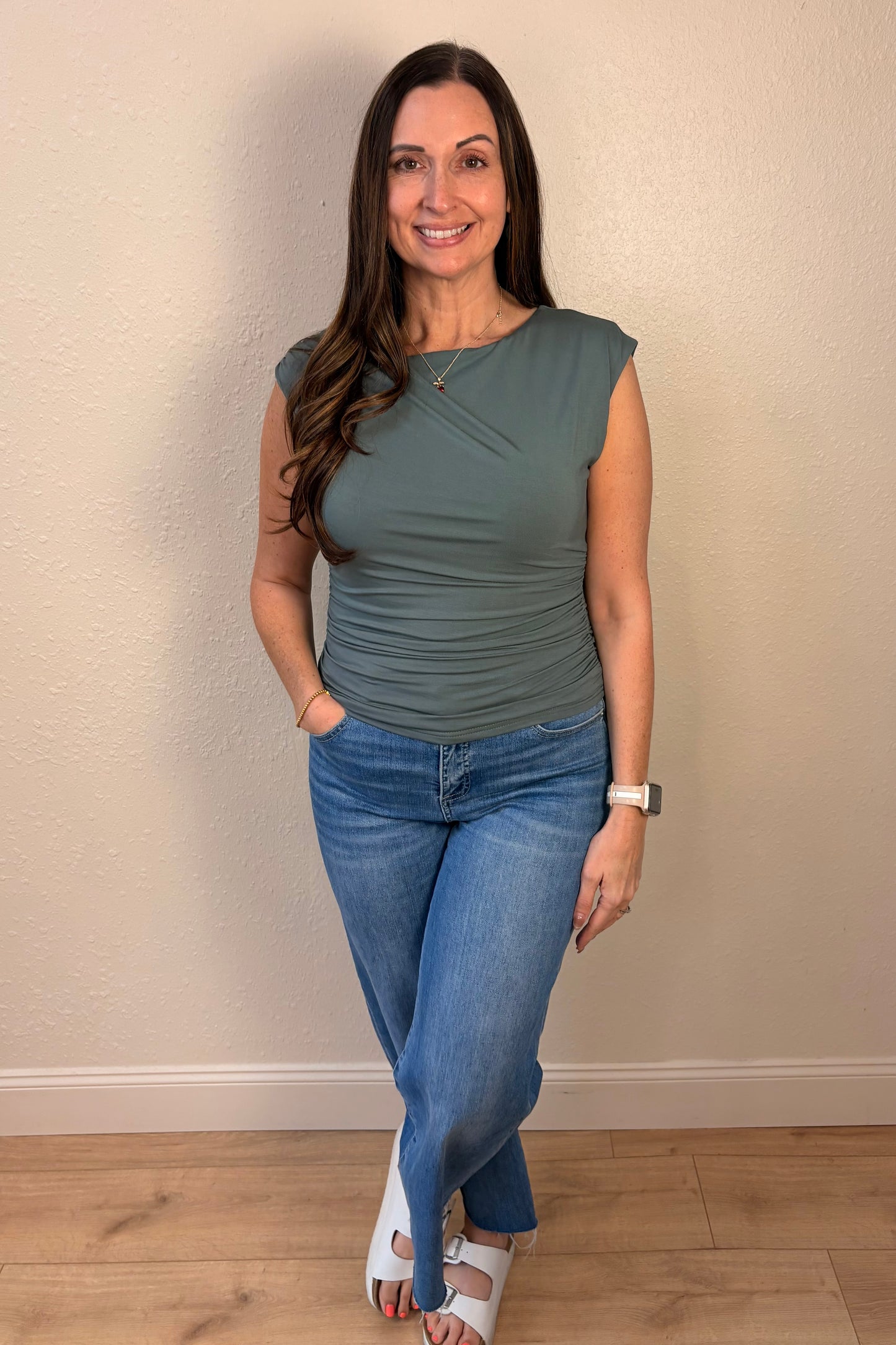 Eloise Hunter Green Shirred Sides Top