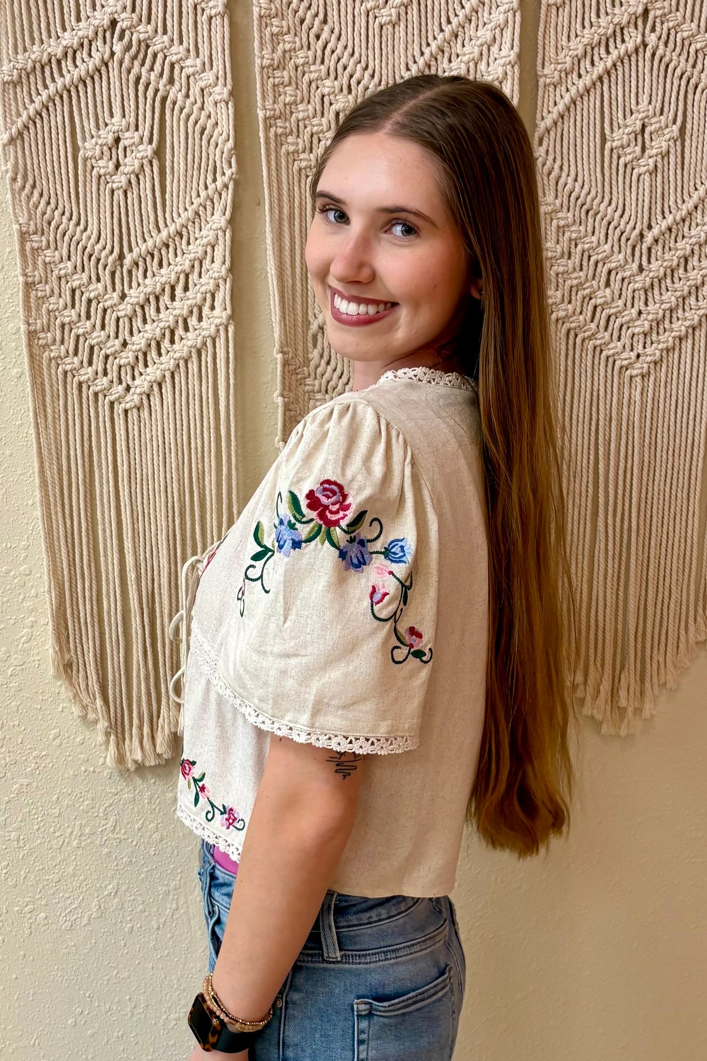 Laura Tie Front Embroidered Top