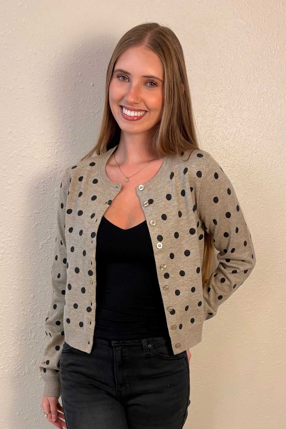 Sadie Taupe Polka Dot Cardigan Sweater