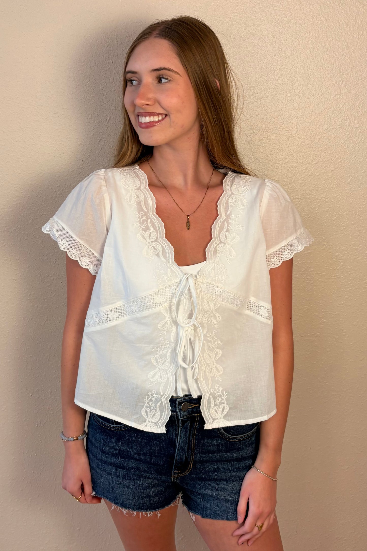 Alessandra Lace Embroidered Tie Front Top