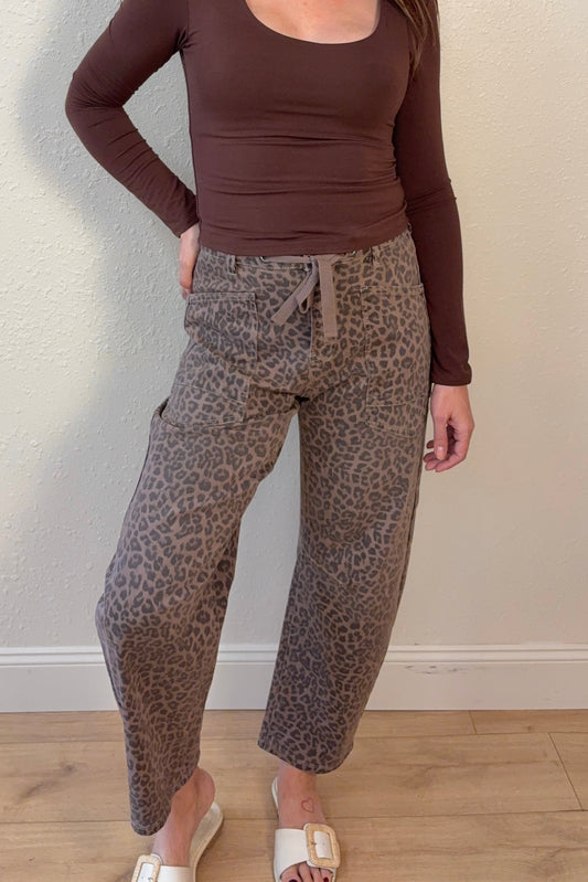 Risen Leopard Print Barrel Leg Jeans