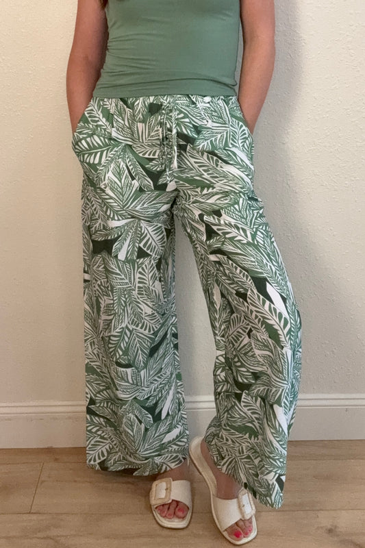 Leah Tropical Leaf Print Wide Leg Pants