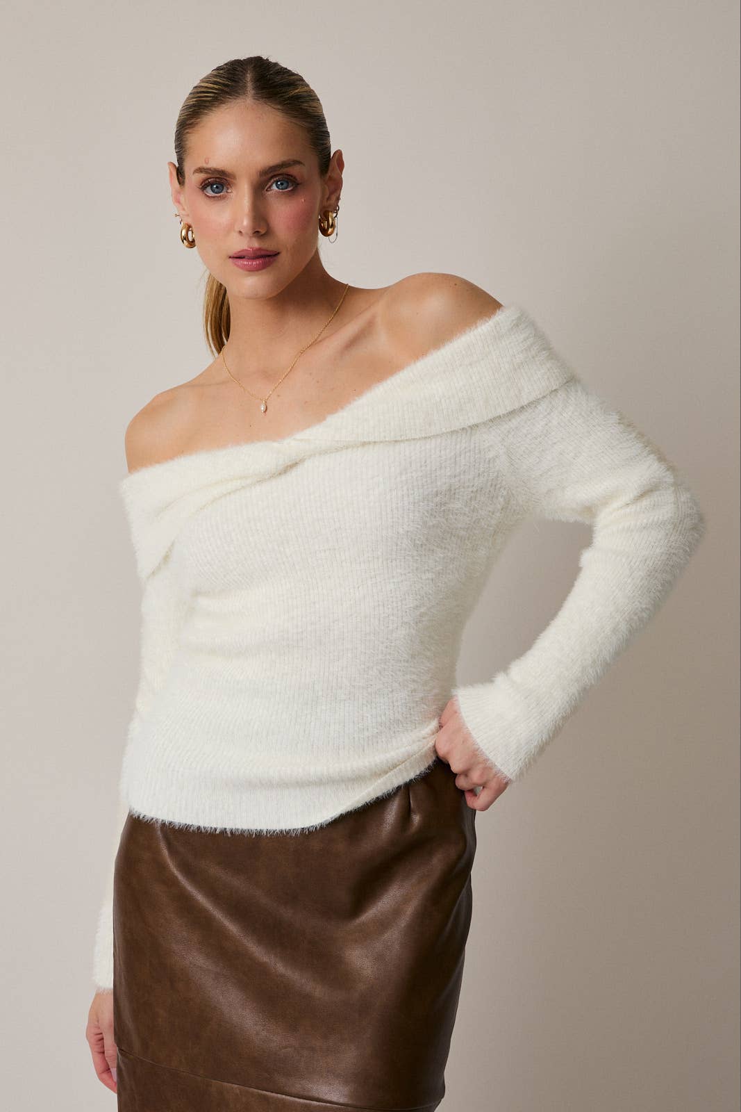 Margaret Off the Shoulder Fuzzy Sweater Top