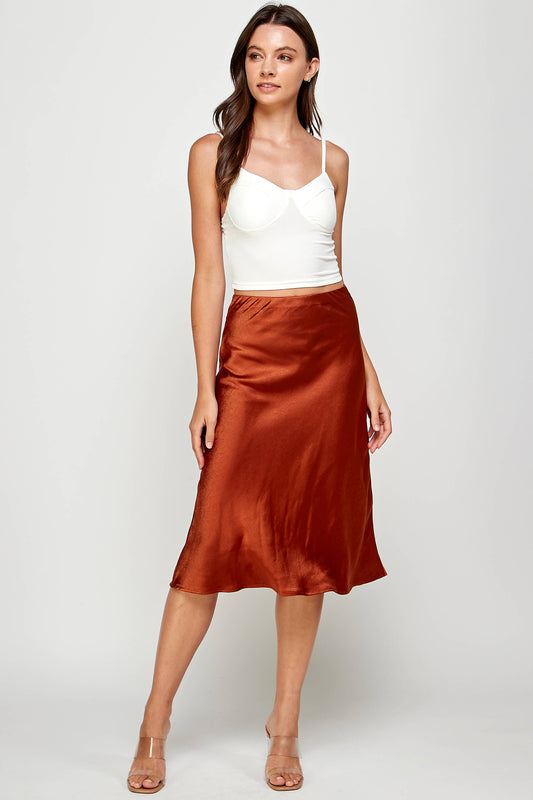 Amber Copper Satin Midi Skirt